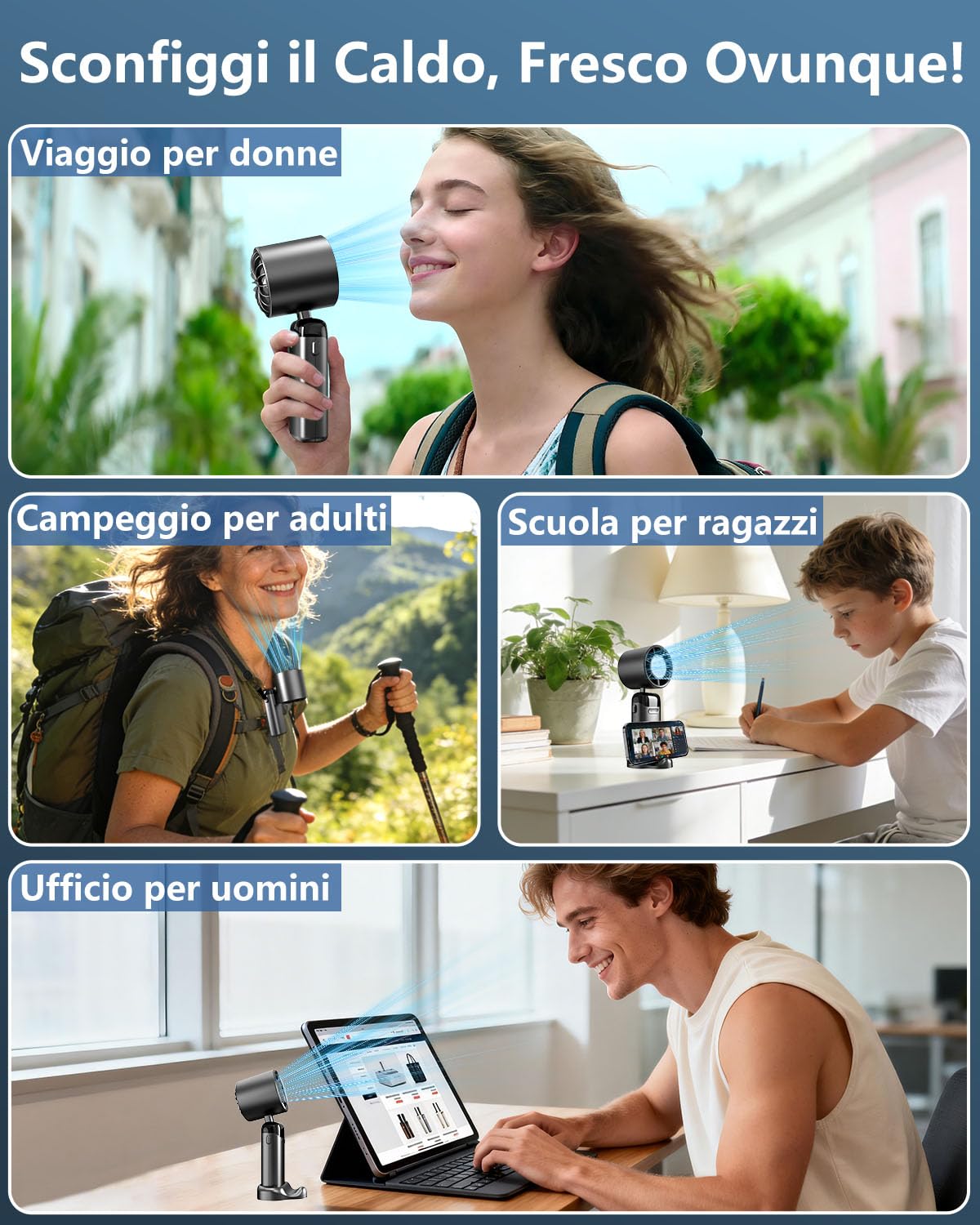 Ventilatore Portatile Turbo USB Ricaricabile, Pieghevole con Supporto Phone e Display LED. Batteria 3500mAh, Autonomia 10 Ore, Ventilazione Continua 1-199, Fresco Personalizzato per Viaggio e Ufficio