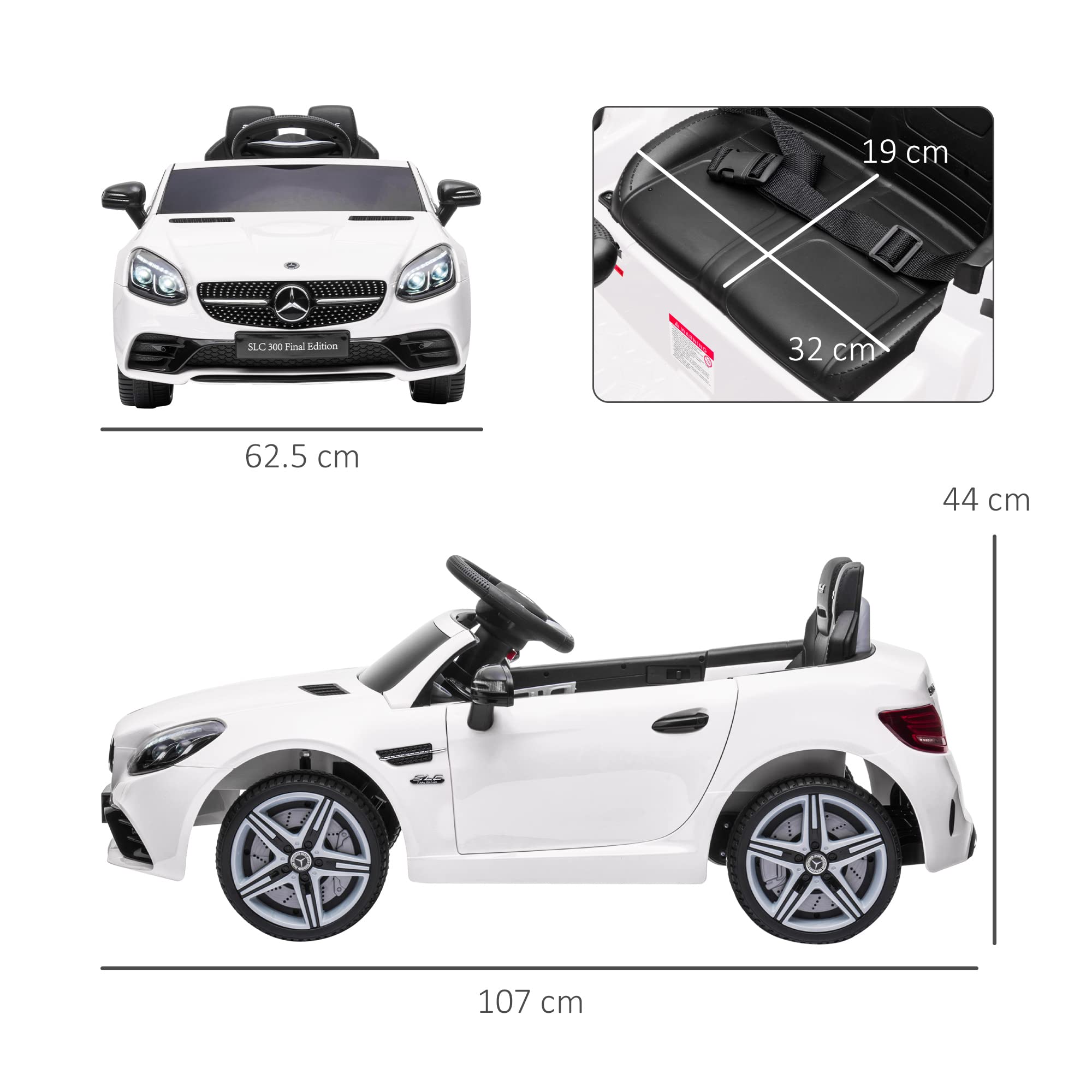 AIYAPLAY Macchina Elettrica per Bambini 3-6 Anni 12V Licenza Mercedes SLC 300, 3-5km/h Auto Elettrica per Bambini con 2 Motori, Sospensioni, Telecomando, Musica, Clacson e Fari, in PP Metallo, Bianco
