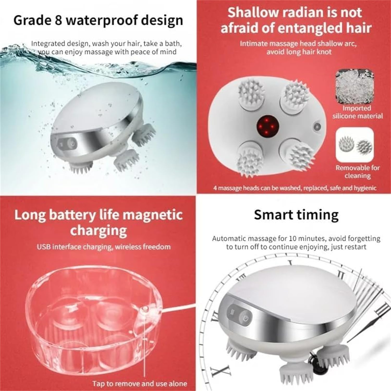 Massaggiatore intelligente per cuoio capelluto con luce rossa, massaggiatore elettrico per la crescita dei capelli, massaggiatore elettrico portatile impermeabile per la testa del cuoio