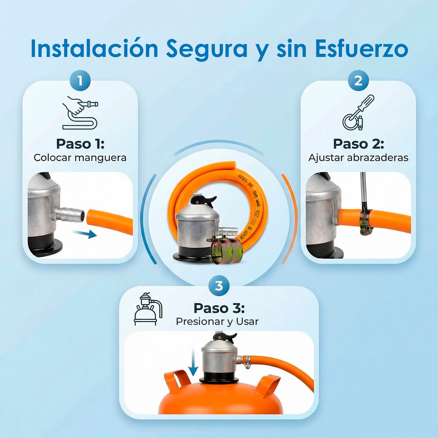 Kit Regulador Gas Butano 30 mbar Homologado + Manguera 1,5 m / 3 m / 5 m y Abrazaderas – Regulador para Bombonas de Gas en Cocinas, Camping, Hornillos, Barbacoas y Paelleros (DOBLE XXL - 3,0 m) — view 7