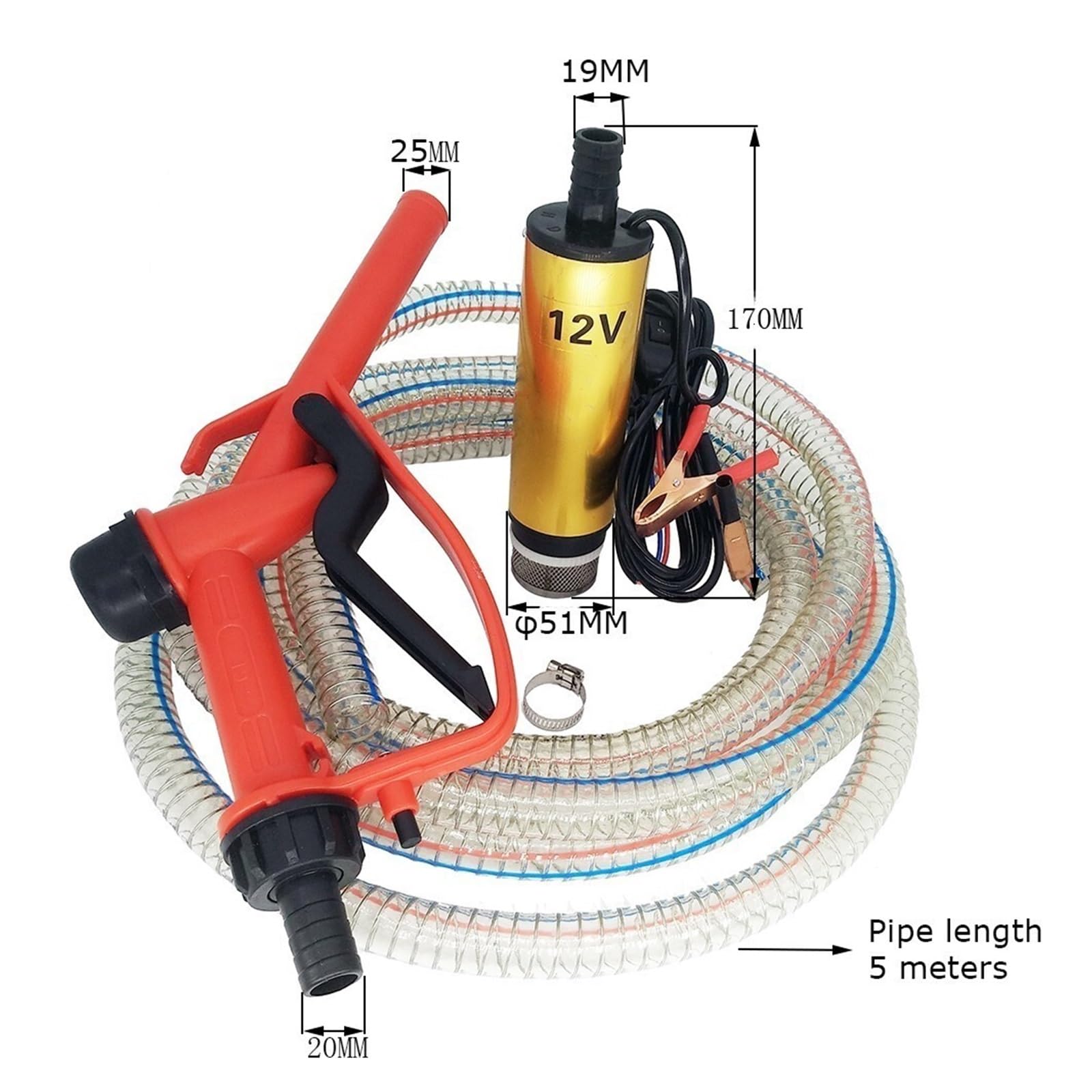 Dispenser for pompa carburante gasolio 12V 24V, set combinato pistola for rifornimento, pompa sommergibile elettrica con 5 tubi per olio per trasformatori diesel-cherosene(12V)