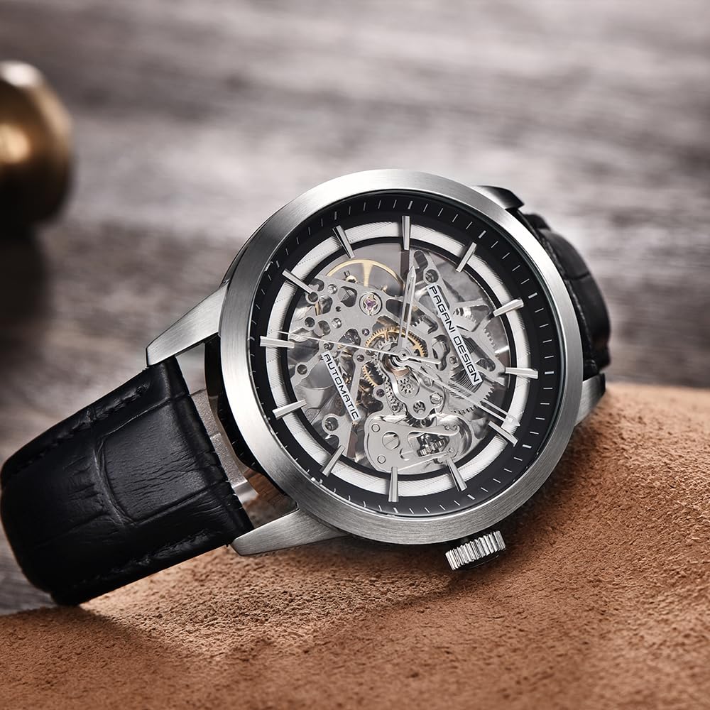 Pagani Design Klassisch Fashion Herren Skelett Automatik Mechanische Uhr Leder Armband Edelstahl Automatik Wasserdicht Business Analog Sport Armbanduhr