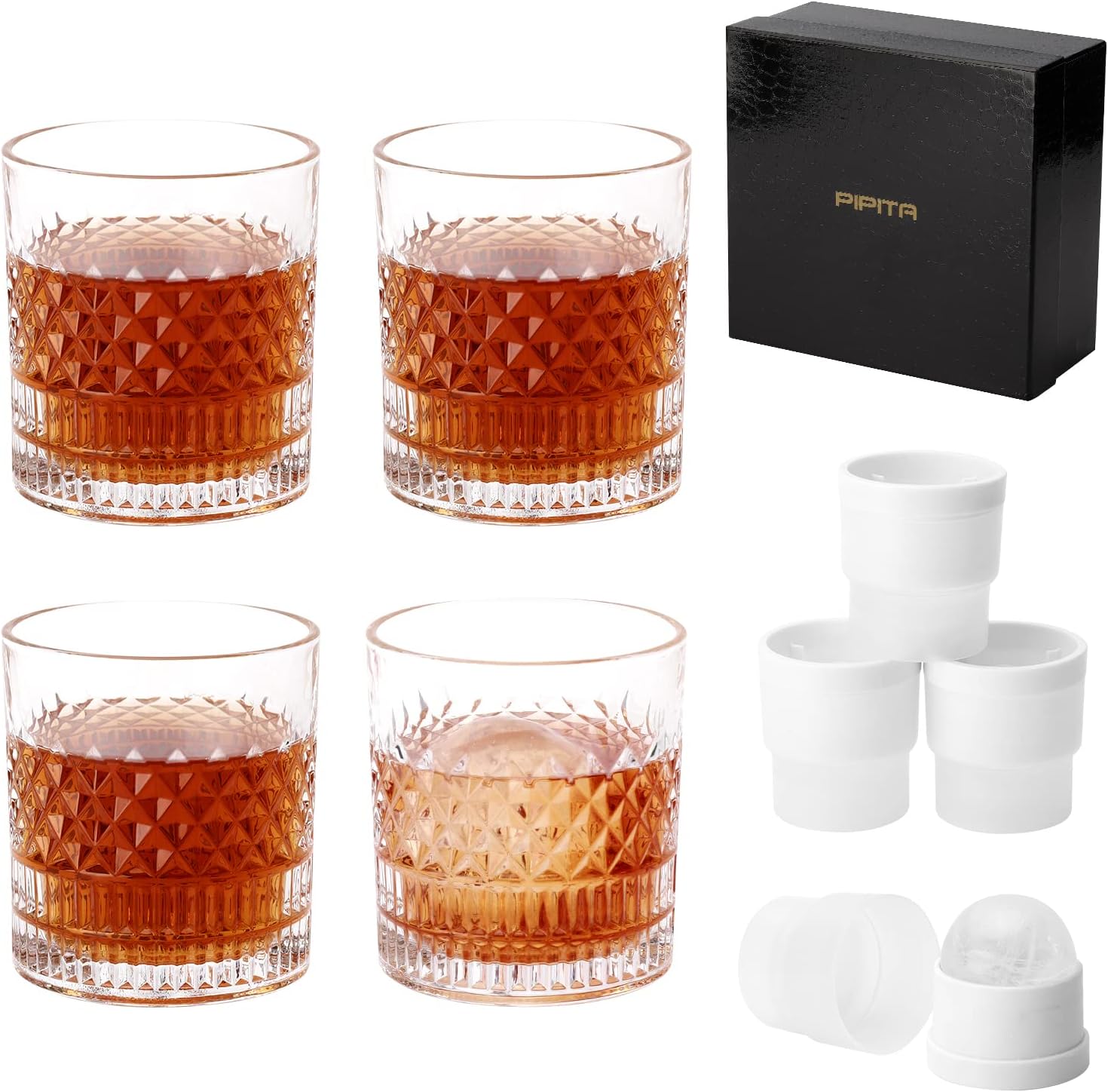 P PIPITA Old Fashioned Whiskey Glasses Set of 4, 11 Oz, Crystal, Break Resistant, Reusable Ice Ball Molds, Ideal for Scotch, Bourbon, Liquor & Cocktail Drinks