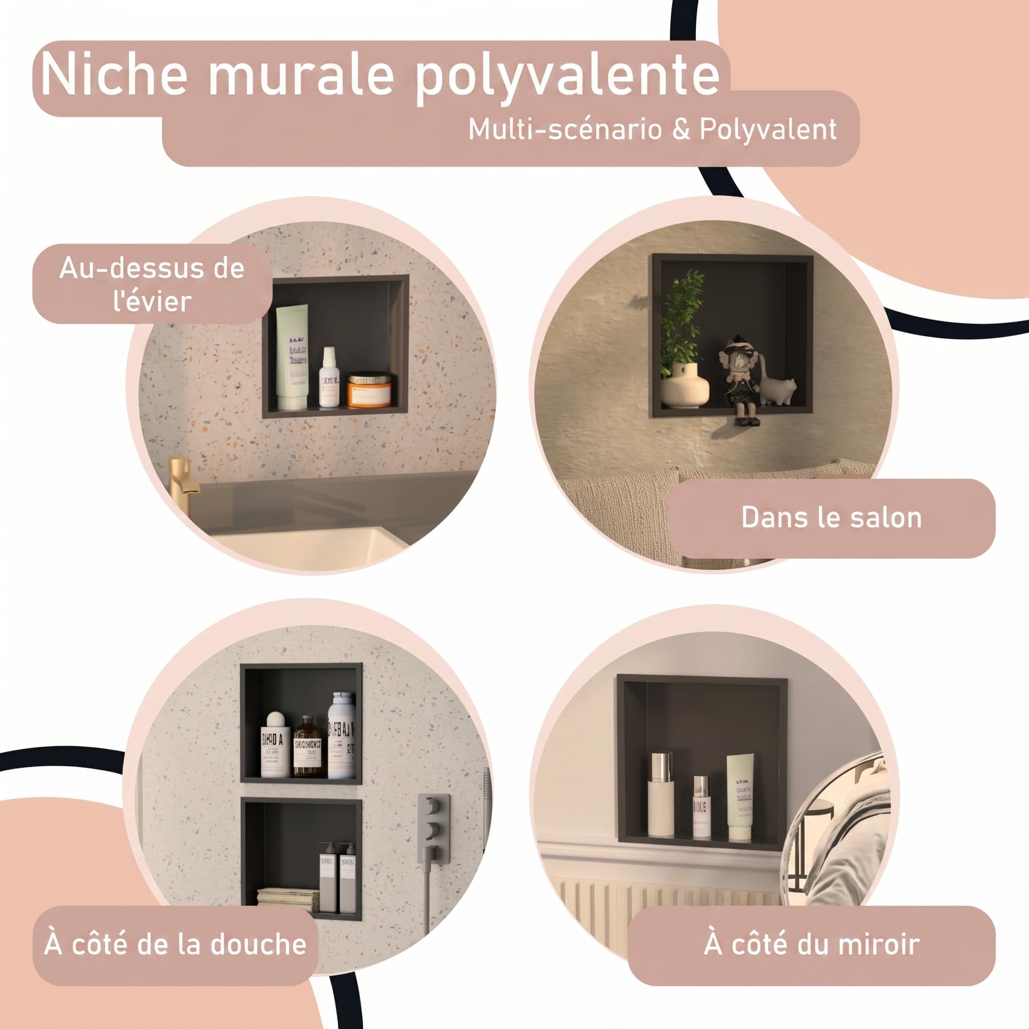 Nicho de Pared empotrable de Acero Inoxidable para Ducha, Estante de Ducha Integrado sin Azulejos, de Acero Inoxidable, Almacenamiento Doble para (Negro Mate, 30 x 30 x 10 cm)