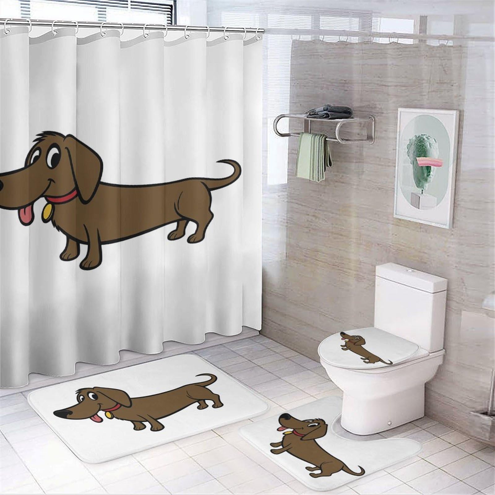 JZemdybill Bathroom Mat Set 4 Piece, Dachshund Shower Curtain with Non-Slip Bath Mats for Bathroom
