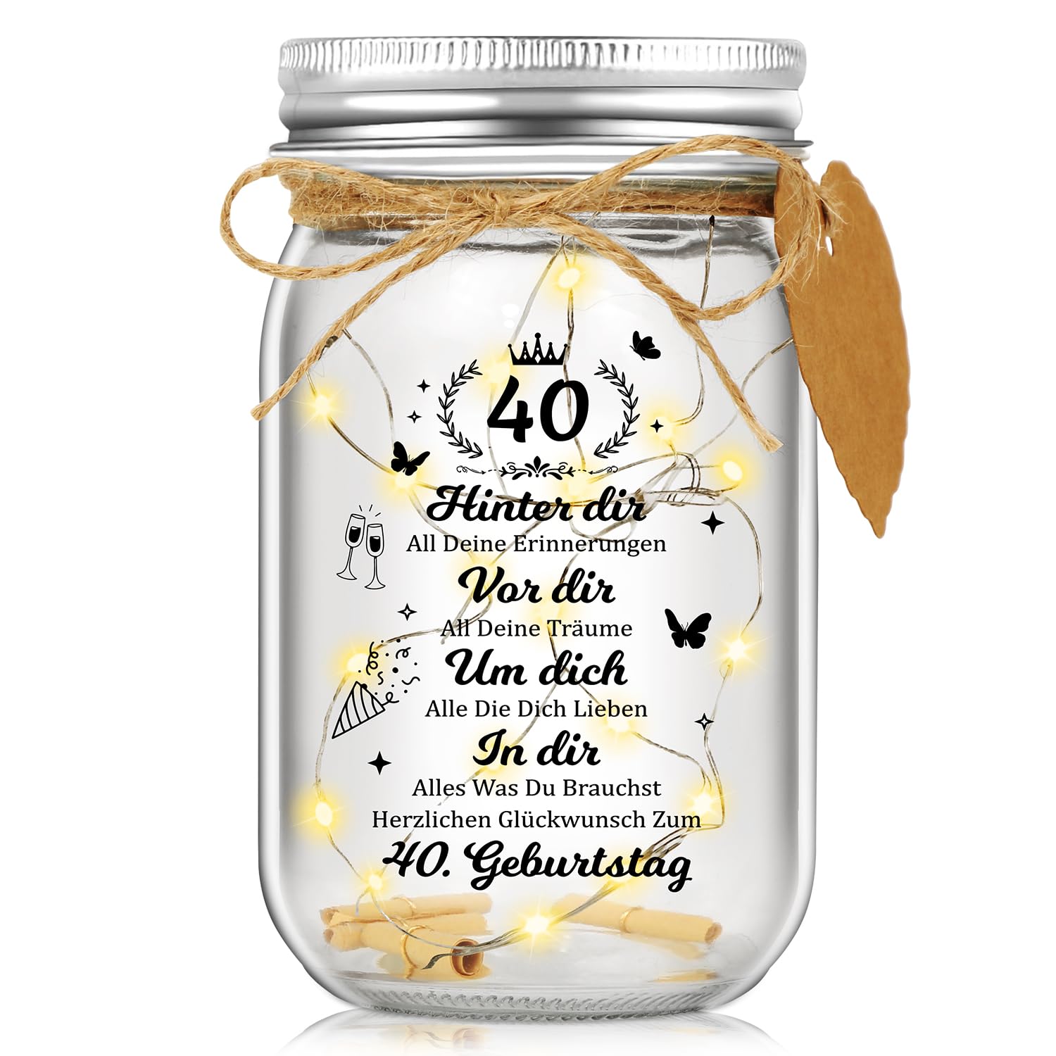 LED Flaschenlicht mit Spruch, Geschenk zum 40 Geburtstag, Dekoflasche mit Lichterkette, Leuchtflasche als Geburtstagsgeschenk 40 Jahre für Familie, Freunde, Geliebte, Geschenkideen zum 40. Jahrestag