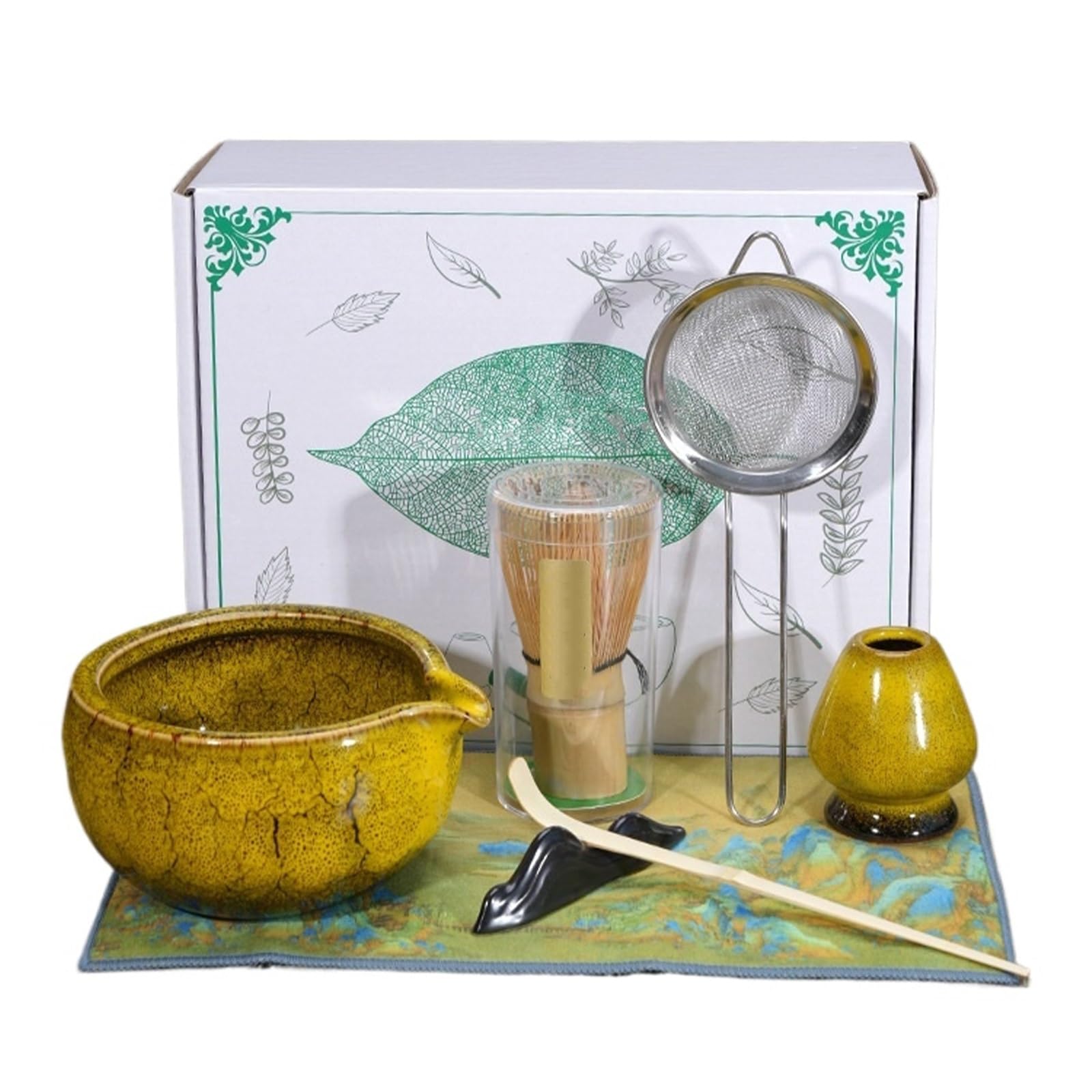Juego de cuencos for matcha, juego de batidores de matcha de 7 piezas, cuenco de matcha de cerámica japonesa, cuenco de matcha con vertedor, for preparar matcha, té, accesorios de preparación(Yellow)