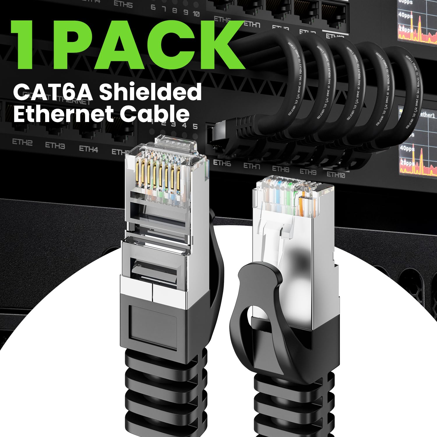 GearIT Cavo Ethernet Cat6A (61 m, nero) 10 Gbps antigroviglio lungo schermato SSTP, cavo Ethernet schermato SFTP, 26AWG 4 paia di cavi Cat6 in rame nudo, cavo di rete schermato Cat 6 - 61 m