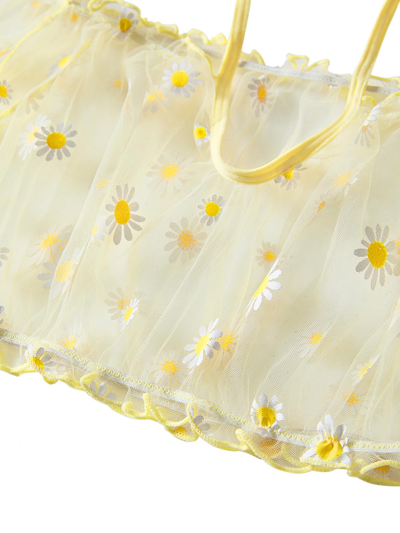 Lilosy Sexy Stretch Ruffle Tie Sheer Mesh Lingerie Set Outfits: Small Flower Yellow