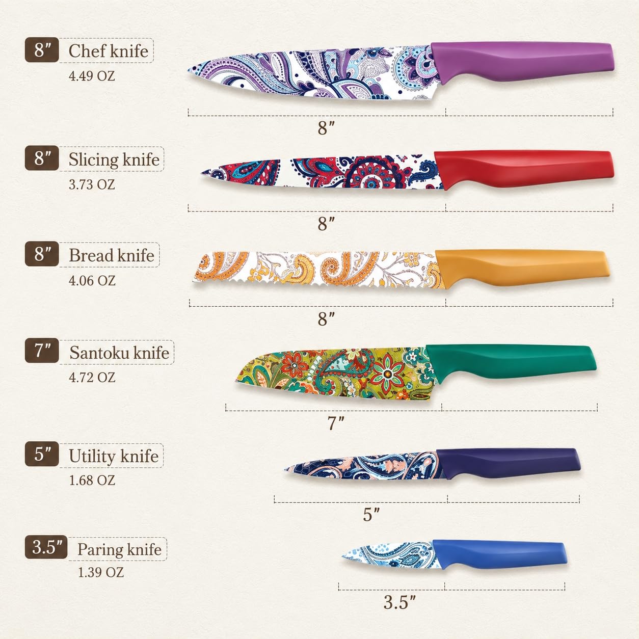 Astercook Juego de Cuchillos con diseño de Cachemira y Funda, Cuchillos de Colores Aptos para lavavajillas con Funda para 6 Cuchillos, Juego de Cuchillos arcoíris de Acero Inoxidable alemán