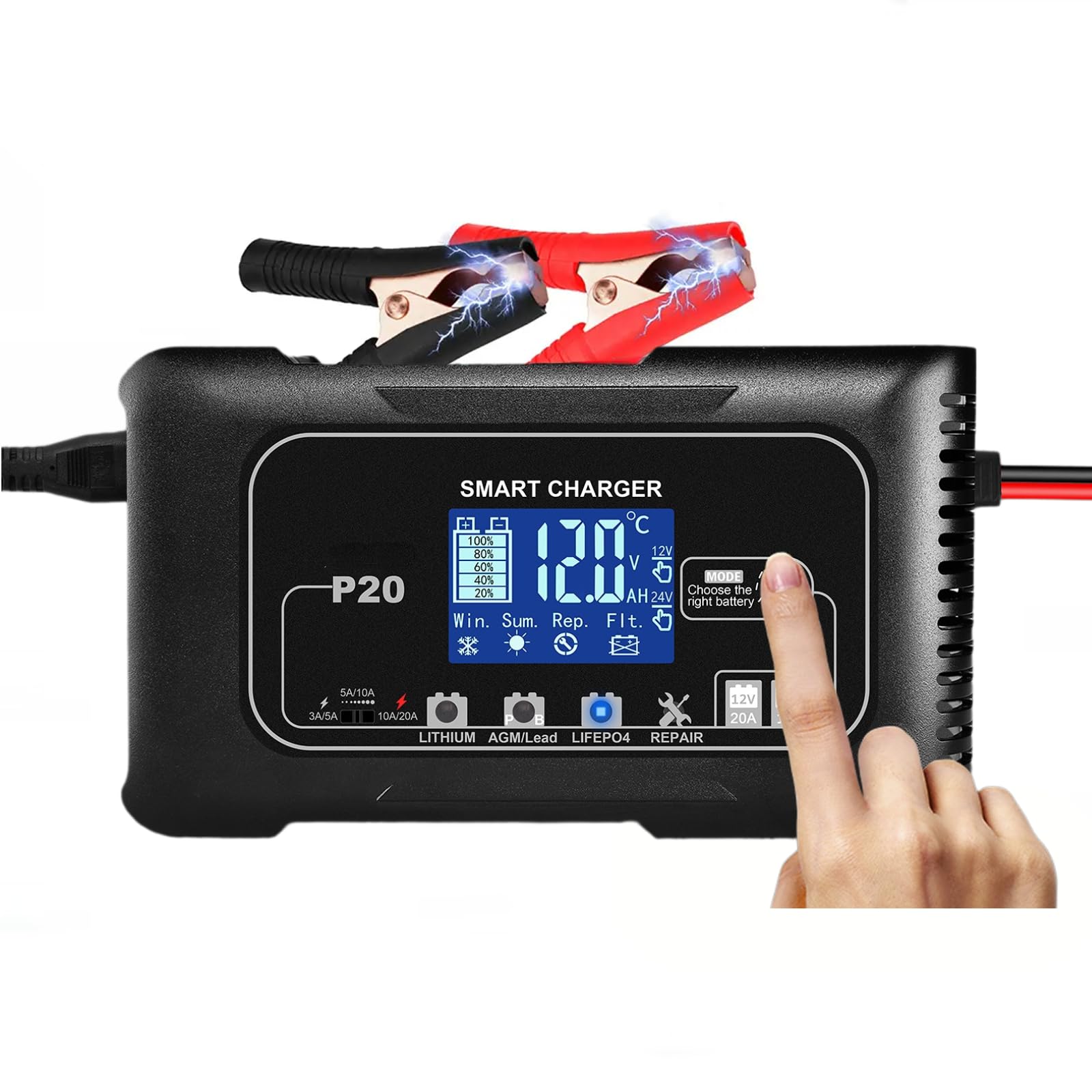 Cargador y mantenedor de batería inteligente de 12V/24V y 20 A con reparación por pulsos Cargador de 4 modos LiFePO4/AGM/Plomo-Ácido para coches,motos,vehículos marinos y cortacéspedes,invierno/verano