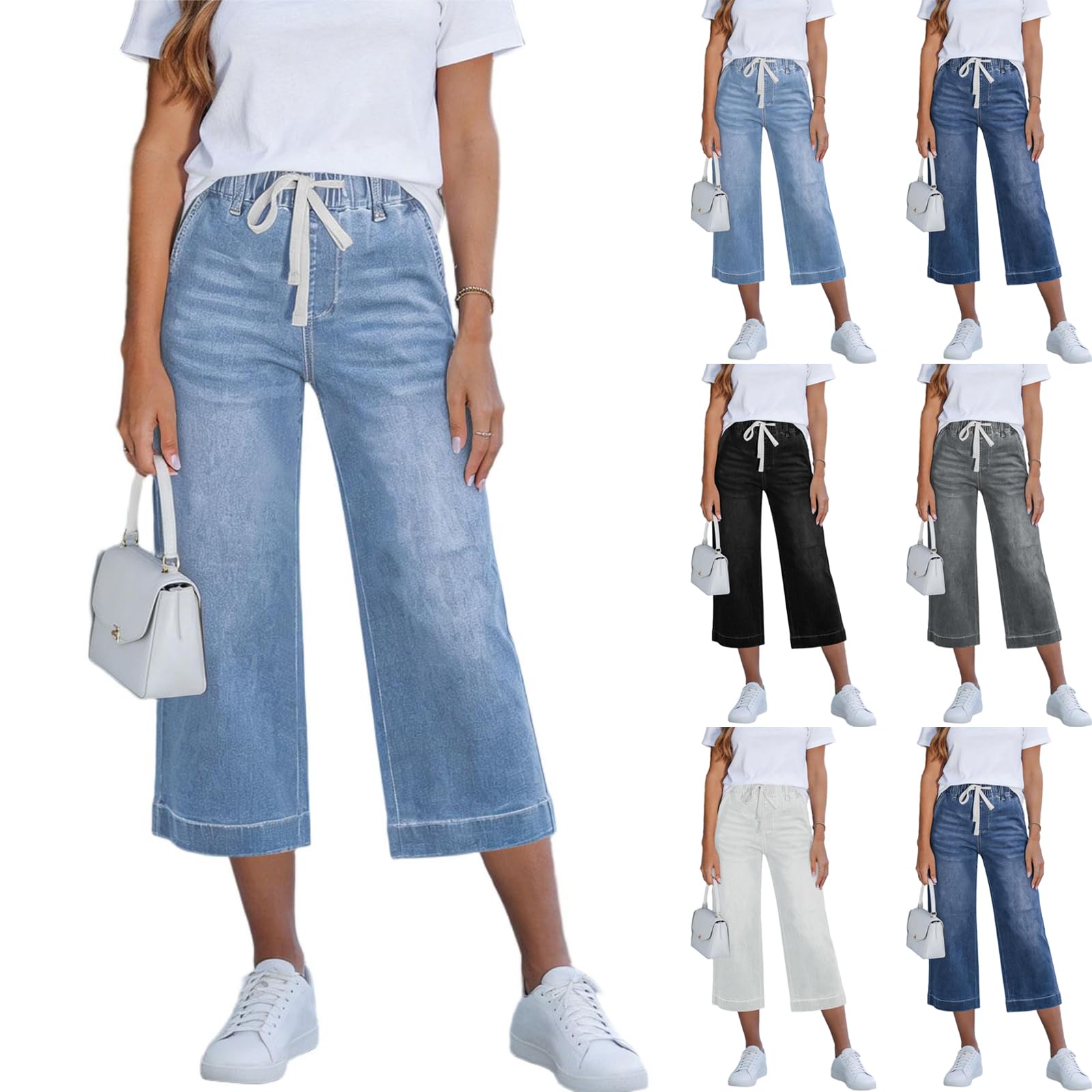 SMIDOW Capri Jeans for Women Stretchy Causal Summer High Waisted Drawstring Wide Leg Denim Capris Ladies Cropped Pants