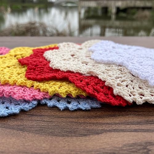 Miniatura 6 de Hsvanyr Juego de 5 posavasos redondos de algodón de ganchillo de 8 pulgadas, diseño floral, juego de 5 manteles individuales de tela para mesa de