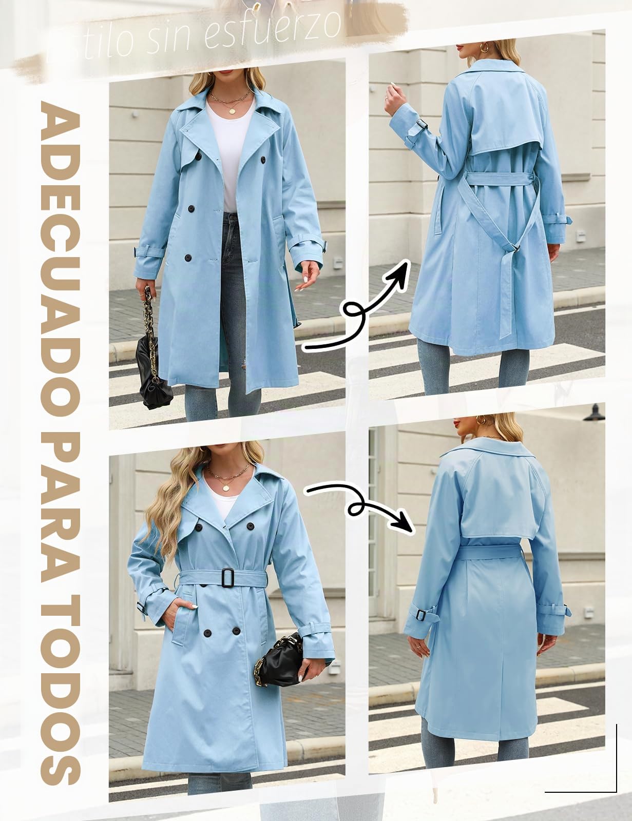 Vancavoo Gabardina para Mujer Abrigos Primavera Casual Clásica Doble Botonadura con Cinturón Abrigo Trench Antiviento