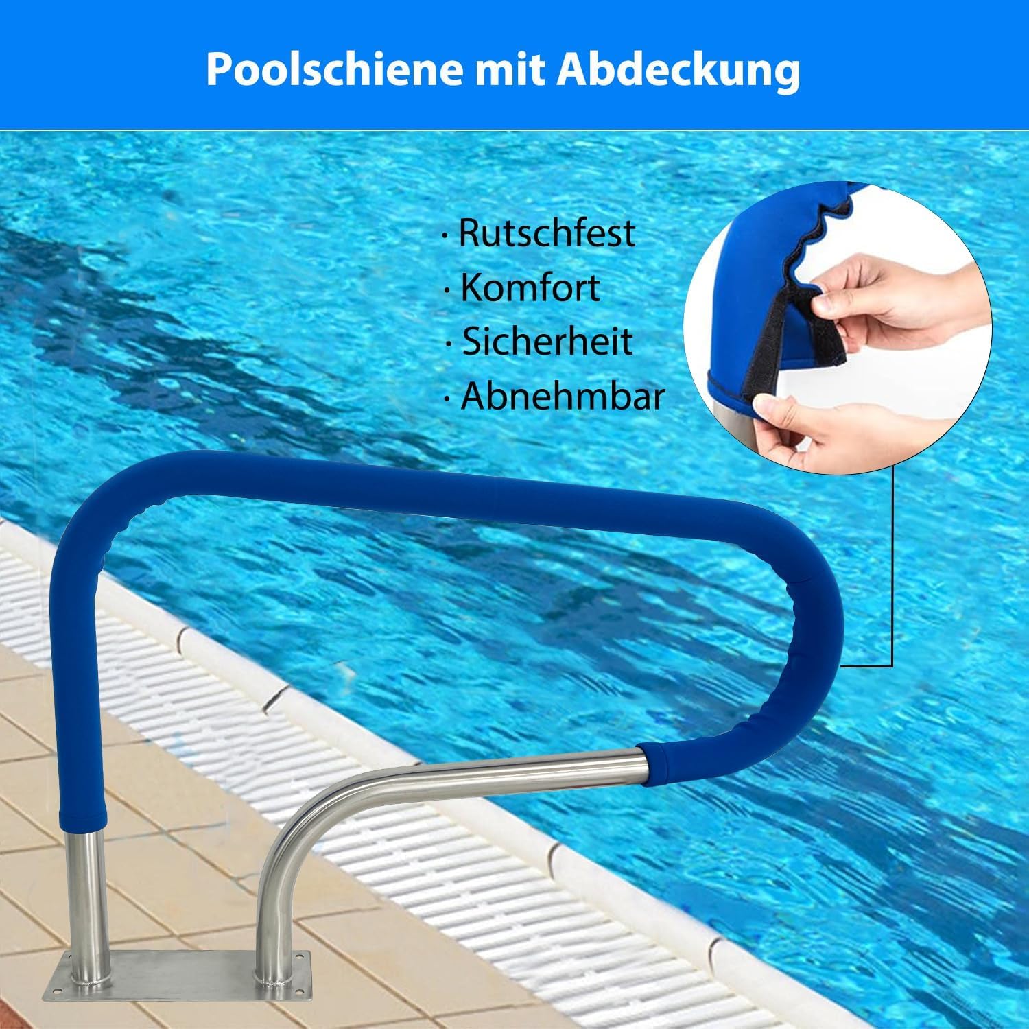 Pool Haltegriff aus Edelstahl V2A, 90x59cm Pool-Handlauf für Einbaupools, Sicherheitshandläufe für Schwimmbäder, Tragkraft 100kg, Pool-Treppengeländer aus Edelstahl 304 mit Griffabdeckung