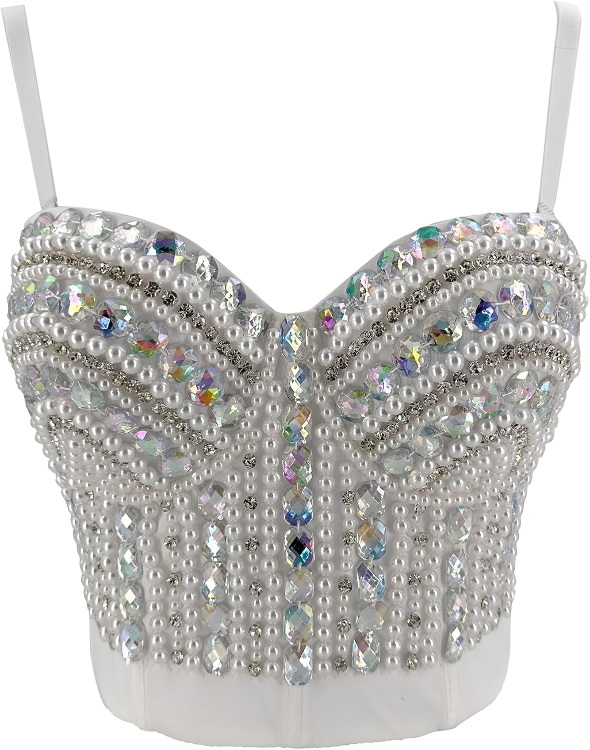 ELLACCI Women's Diamond Pearl Rhinestone Bustier Crop Top Sexy Corset Top Tube White - Image 2