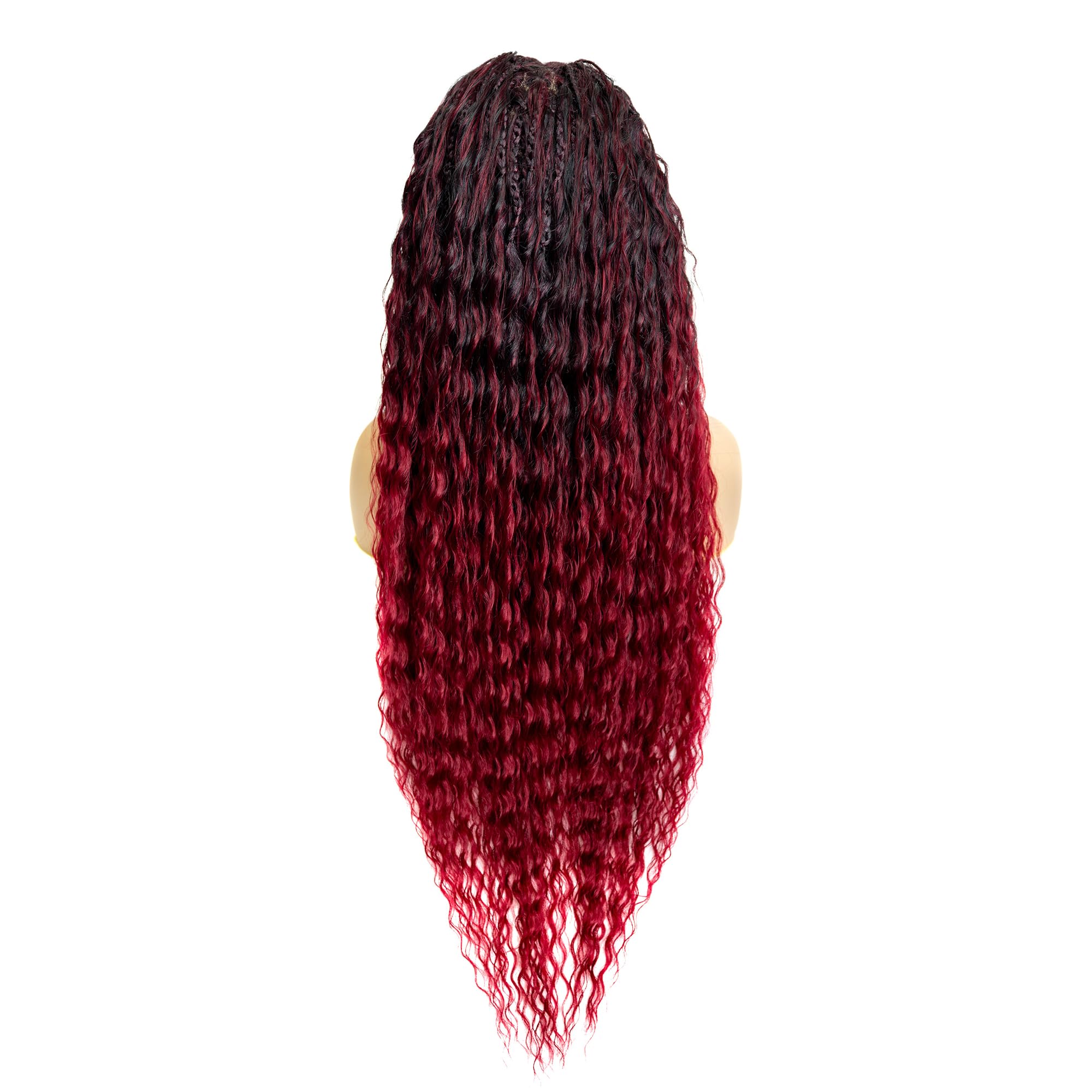 PIB Single Full Lace Braid Wig, 32” Micro Boho Knotless Box Braids with Deep Wave Curly Ends, Synthetic Wig for Black Women, Color #1B118 Off Black