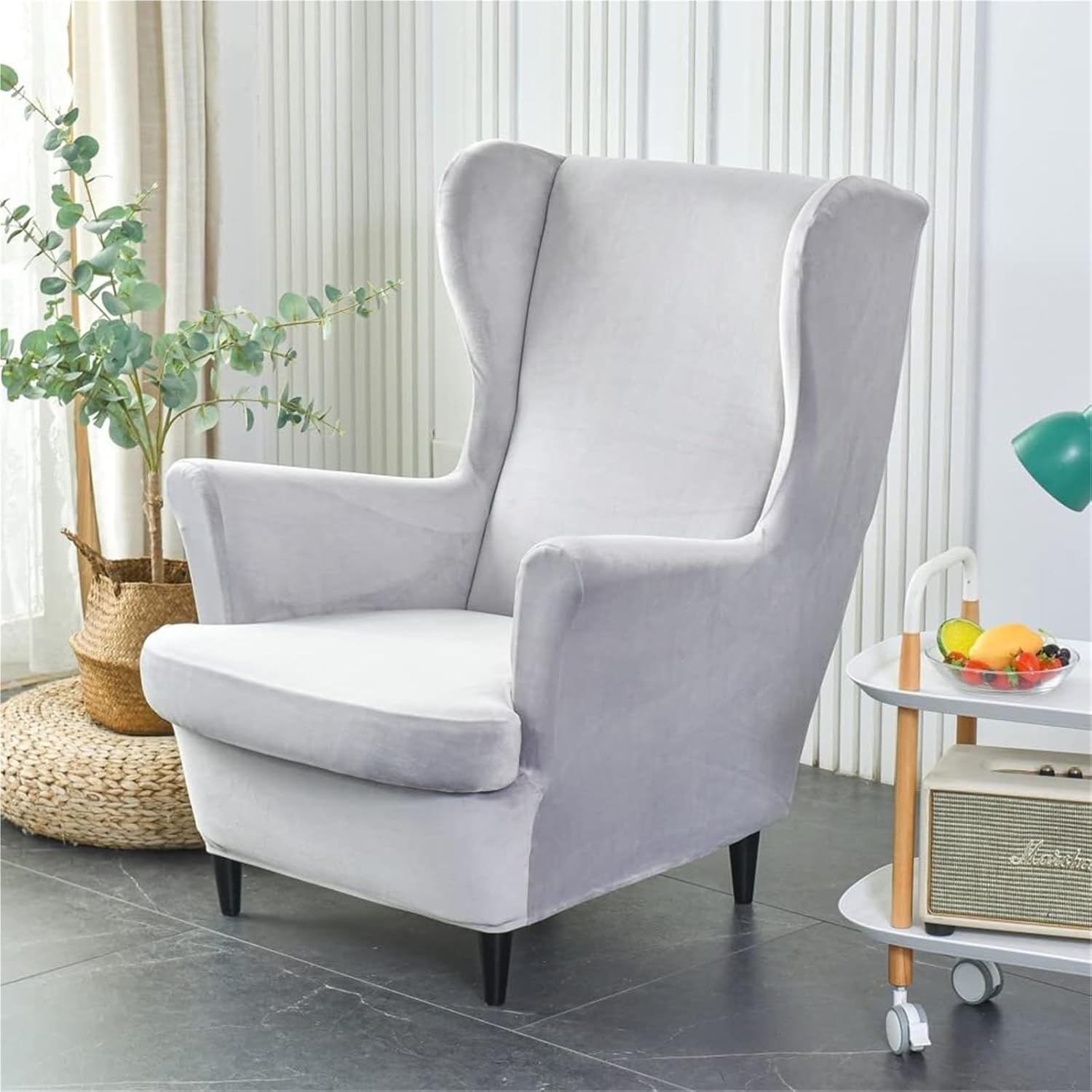 Velvet Wingback Chair Slipcovers (2-Pack) - Stretch Plush Solid Color Furniture Protectors(Light Grey New)