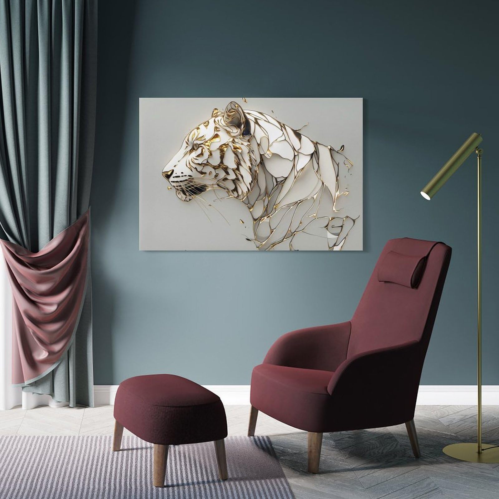 Junmoney Decorative Wall Artwork Abstract White Tiger with Gold Accents, 12x18inch(30x45cm), for Home, Office, Studio Or Guest Room, A Flexible Wall Accent for Shared Spaces