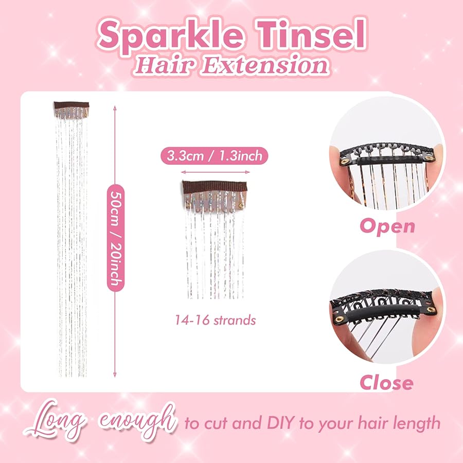 Clip in Hair Tinsel, POROLIR 6Pcs Glitter Fairy Tinsel Hair Extensions 20 Inch Shiny Hair Tinsel Heat Resistant, Sparkly Strands Hair Accessories, Festival Gift for Women Girls Kids (Silver) - image 6