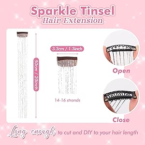 Clip in Hair Tinsel, POROLIR 6Pcs Glitter Fairy Tinsel Hair Extensions 20 Inch Shiny Hair Tinsel Heat Resistant, Sparkly Strands Hair Accessories, Festival Gift for Women Girls Kids (Silver)