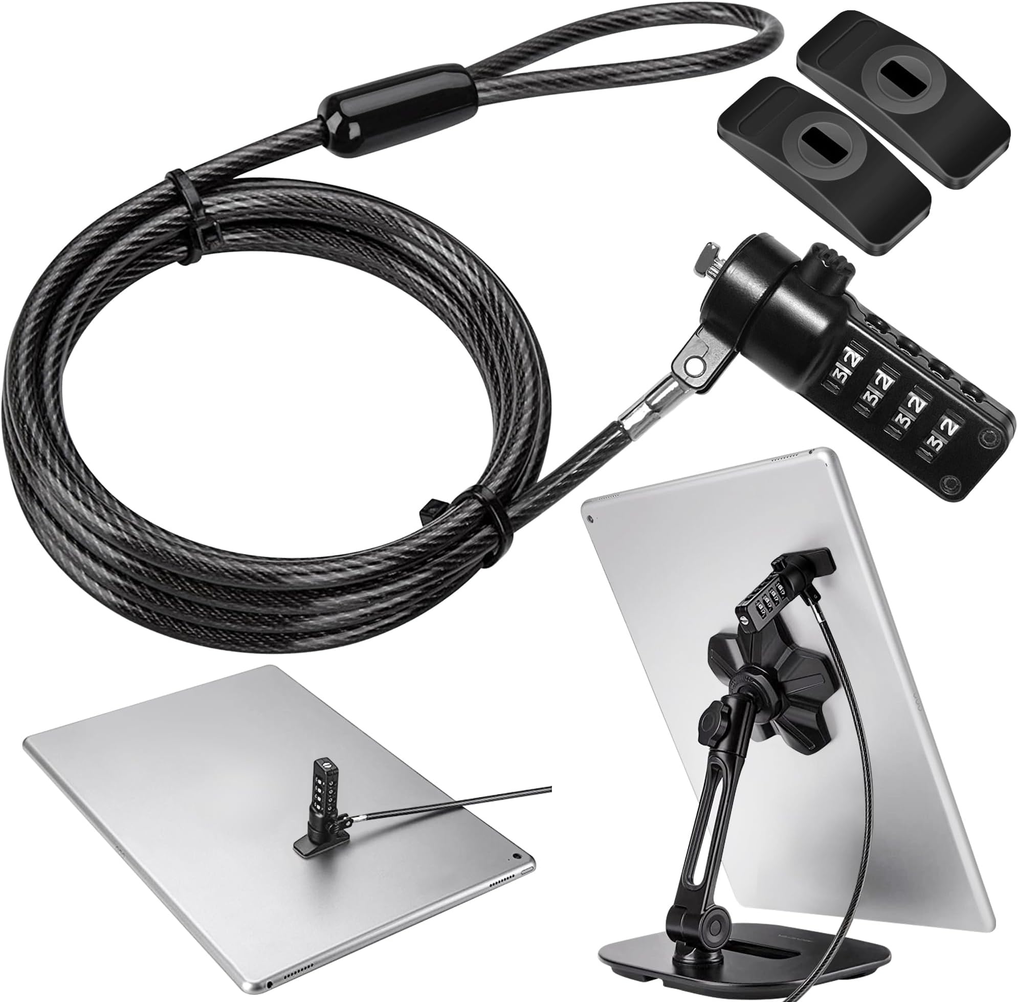 iPad Lock Security Cable w/Adhesive Plates, Keyless 4 Digit Combination Tablet Lock Kit, Anti-Theft Hardware Locking Cable for iPhone Cell Phone MacBook Laptop in Showroom Retail Stores