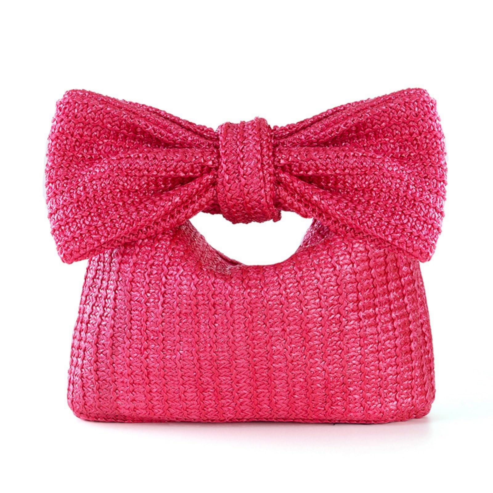 Straw Clutch for women, Trendy Woven Handbag Bow Purse Handmade Summer Bag Stylish Cute Beach Wallet for Vocation (Rose Red)