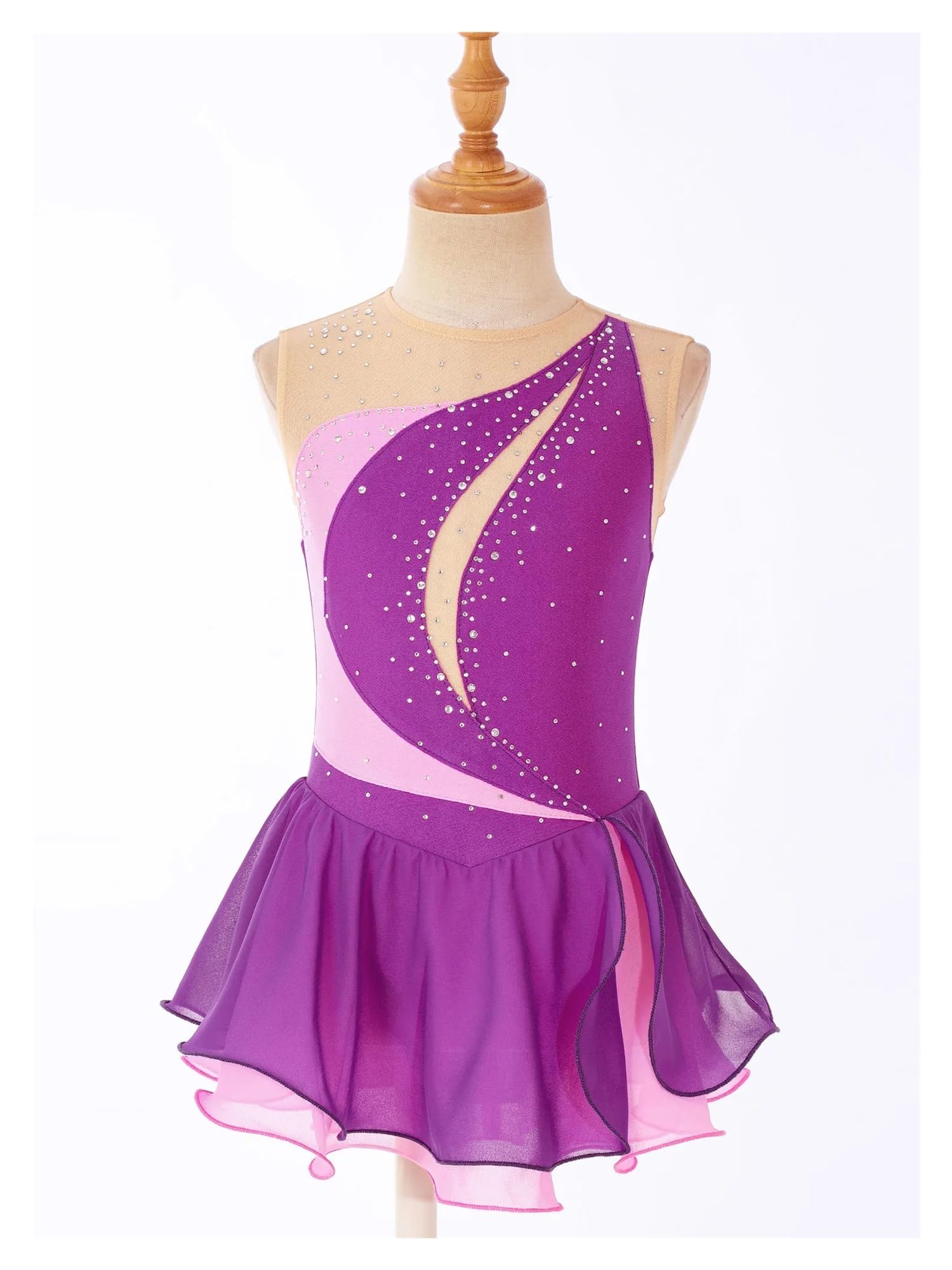 Maillot patinaje artistico Disfraz de patinaje sobre hielo for niña, vestido de patinaje artístico sin mangas con retales de diamantes de imitación, vestido de leotardo de danza y gimnasia de Ballet(K