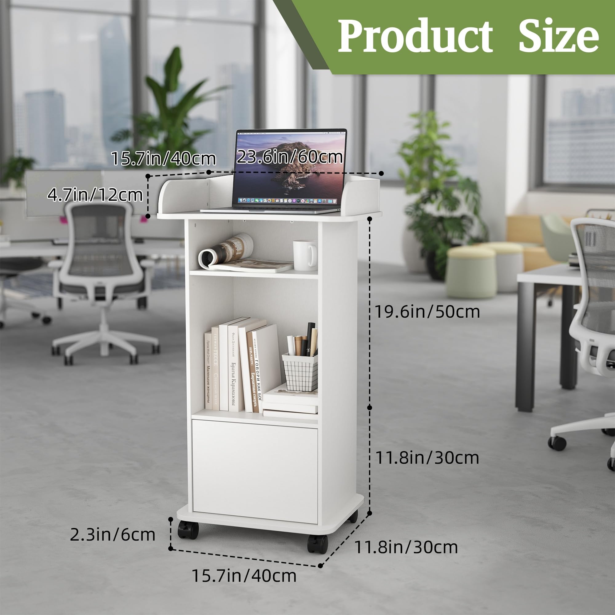 Turosur Pupitre en bois blanc avec étagère de rangement - Support de pupitre mobile avec roulettes