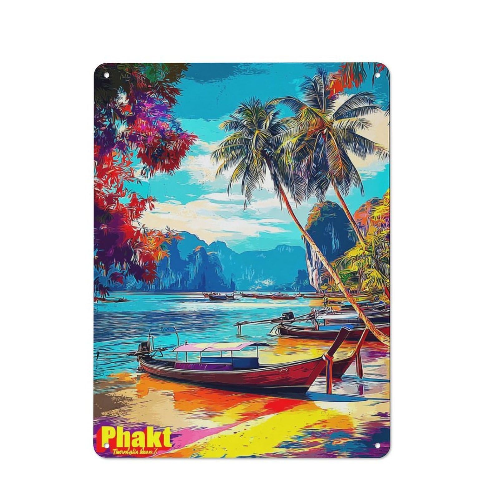 Junmoney Tropical Paradise With Boats Modern Retro Metal Wall Decor 40X30cm, Metal Wall Sign For Loft, Studio, Office Or Creative Room