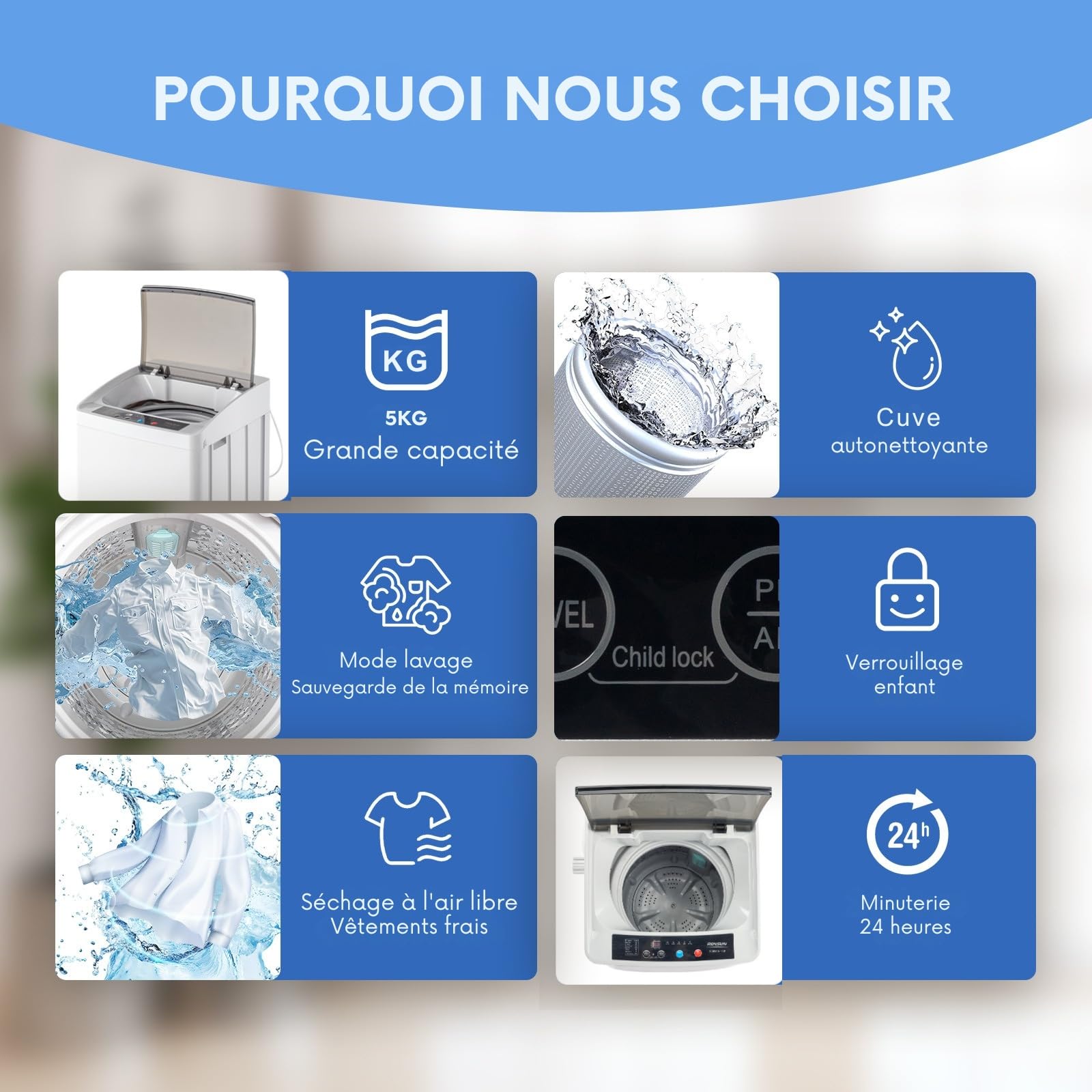 LEADZM Mini Machine à Laver lave linge (5KG) | Puissance de 400W, Lave-linge top avec Panneau de Commande Multifonction, avec Pompe de Drainage