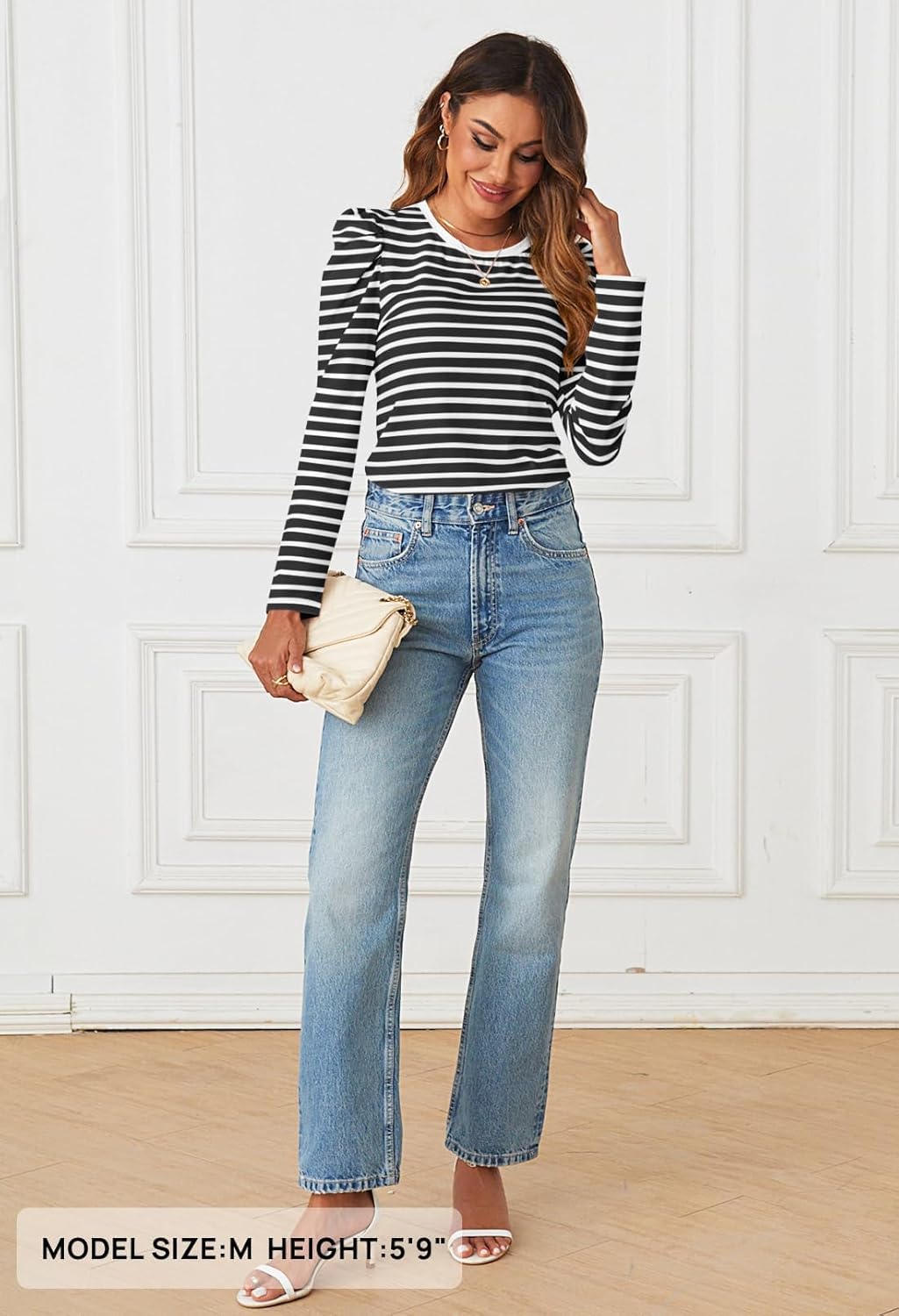 MEROKEETY Women's Puff Long Sleeve Striped Tops Crew Neck 2025 Fall Casual Knit Basic Tee Shirts - Image 5