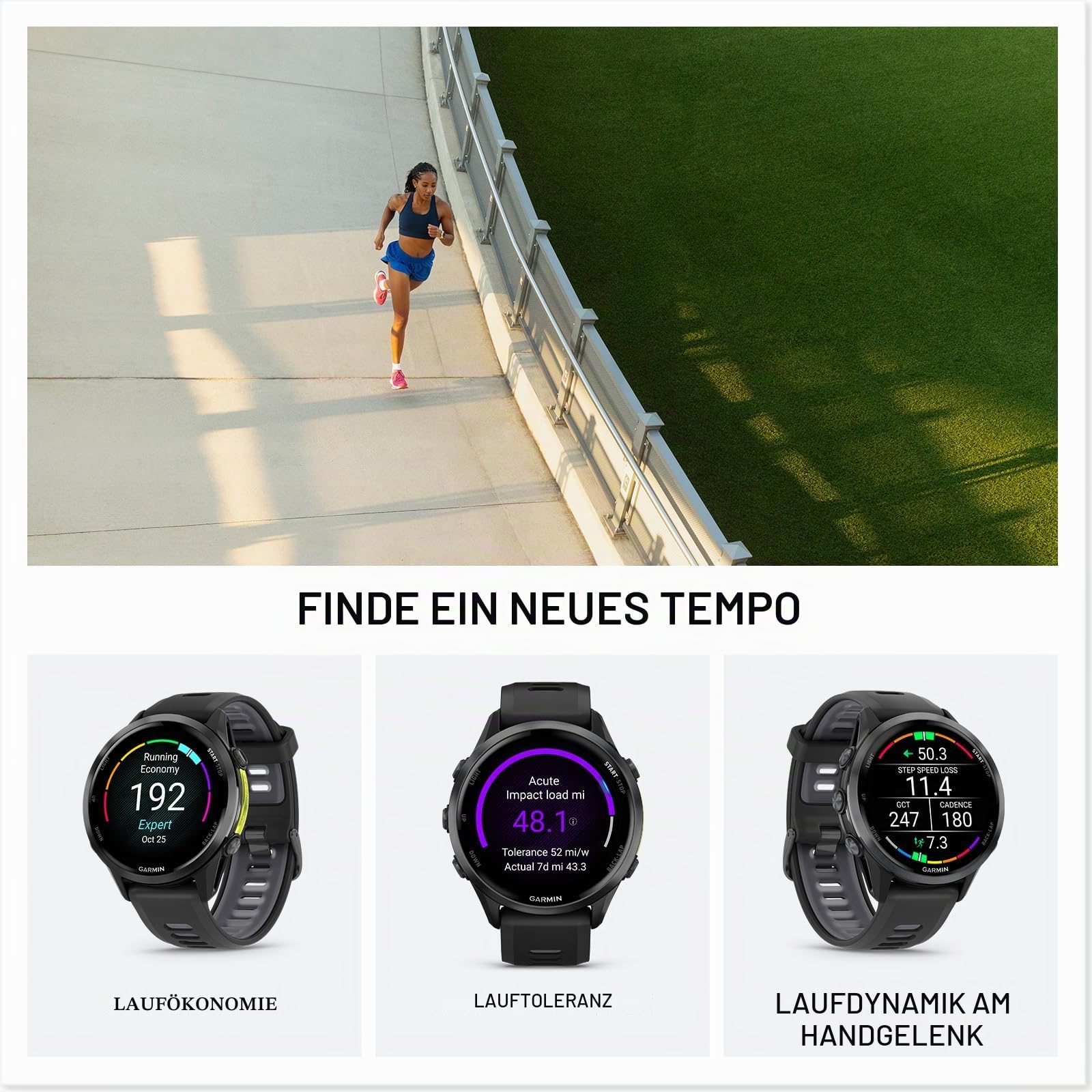 Garmin® Forerunner® 970 Premium GPS-Lauf- und Triathlon-Smartwatch, AMOLED-Display, integrierte LED-Taschenlampe, Carbongrau DLC Titan mit schwarzem Gehäuse und schwarz-durchscheinendem Weißstein-Band
