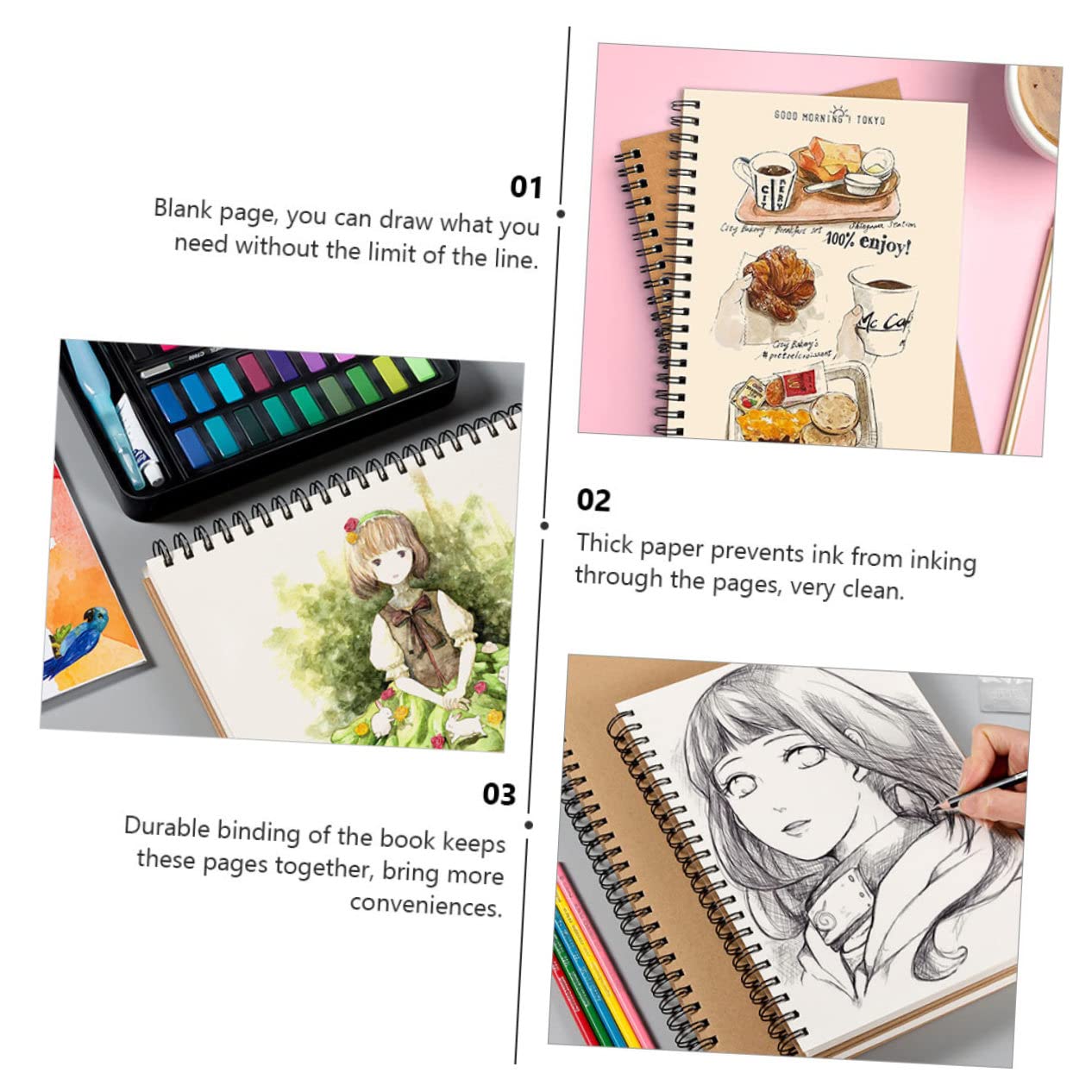 Skizzenbuch 60 Blatt, Quer Öffnend, Dickes Papier, 1 Stück | Schulanfang Deko, Zeichenbuch für Skizzen und Zeichnen, Papier für Aquarell und Gouache