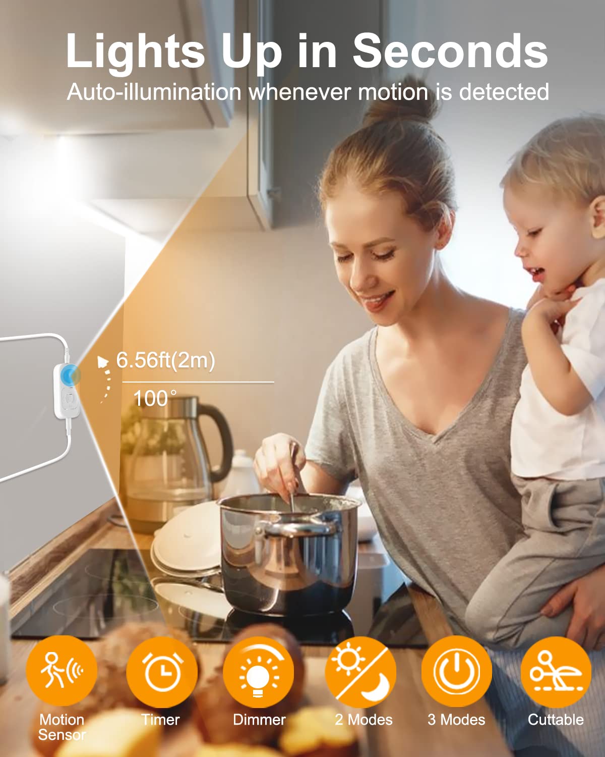 Striscia luminosa a LED con sensore di movimento - Striscia luminosa a LED per armadio con spina da 24 W, dimmer e temporizzazione, 16,5 piedi 6000 K, bianco freddo
