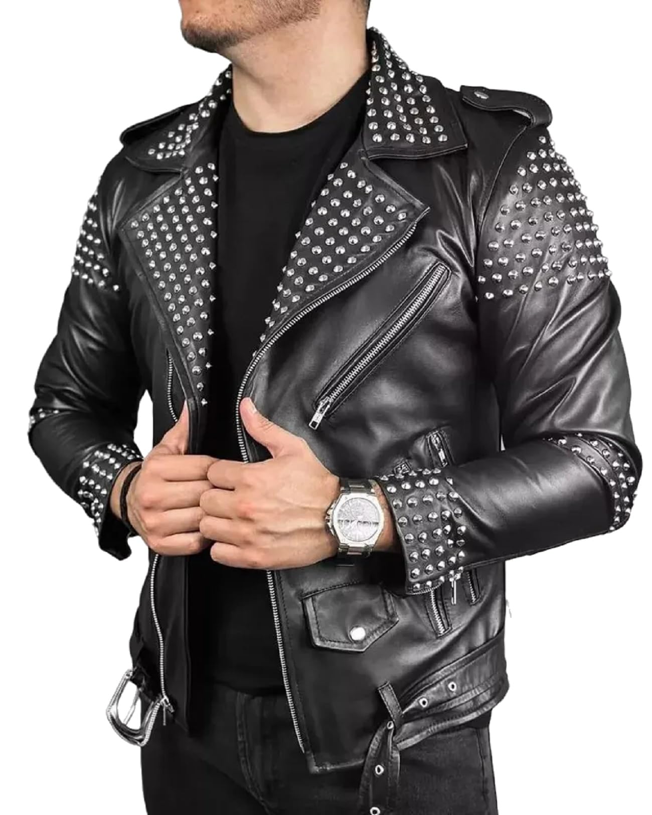 Giacca in pelle da uomo, stile punk rock, con borchie, stile vintage