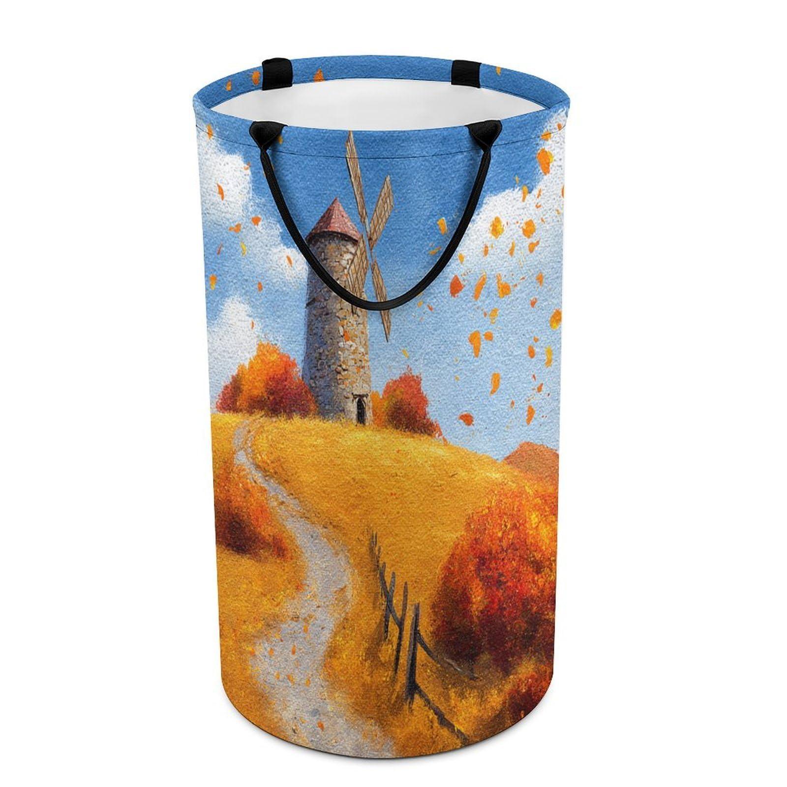 LUYYSKY Vintage Western Fall Windmill Collapsible Dirty Clothes Basket, Vintage Watercolor Farmhouse Barn Autumn Leaves Pattern Portable Clothes Storage Basket
