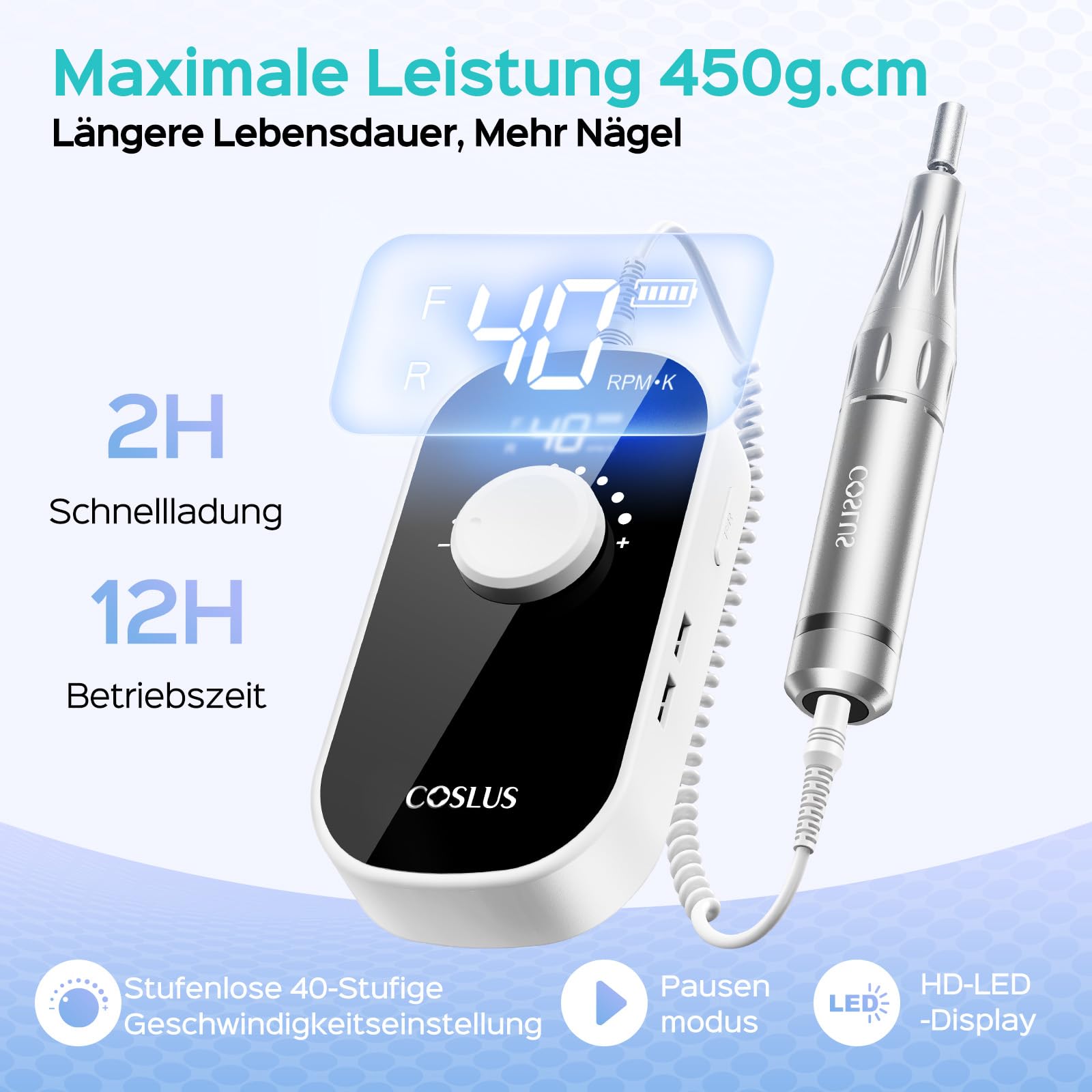 COSLUS E51 Elektrische Nagelfräser 40000 U/min: 6-in-1 Professionell Nagelpflege Set für Gelnägel Acrylnägel für Salon und Zuhause Mit Gel-Entfernung und Pediküre-Funktion Tragbar und Geräuscharm