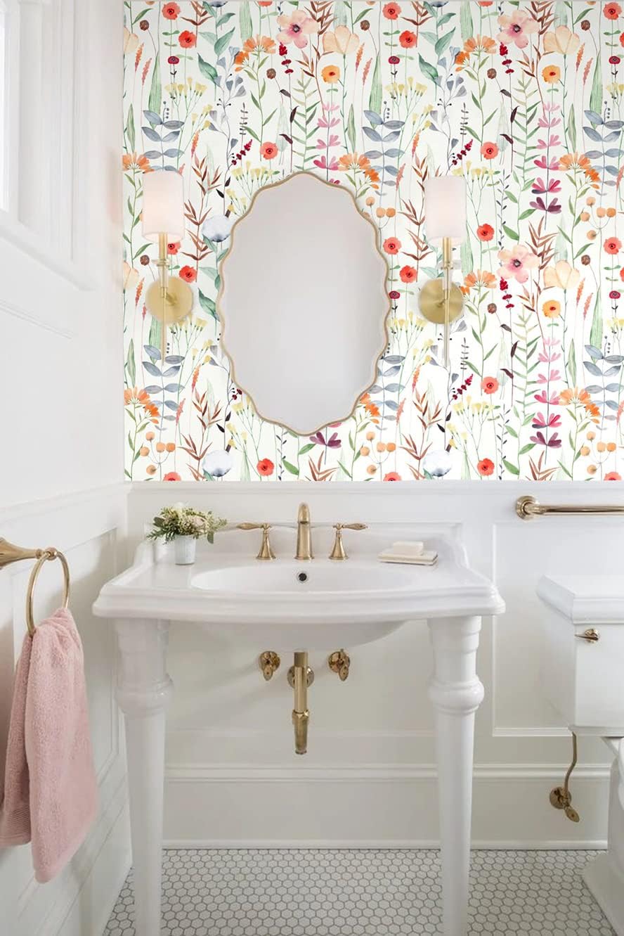 Blooming Wall DPY81 Removable Watercolor Fresh Leaves with Multicolor Little Flowers Textured Peel and Stick Wallpaper Self-Adhesive Prepasted Wallpaper Wall Décor