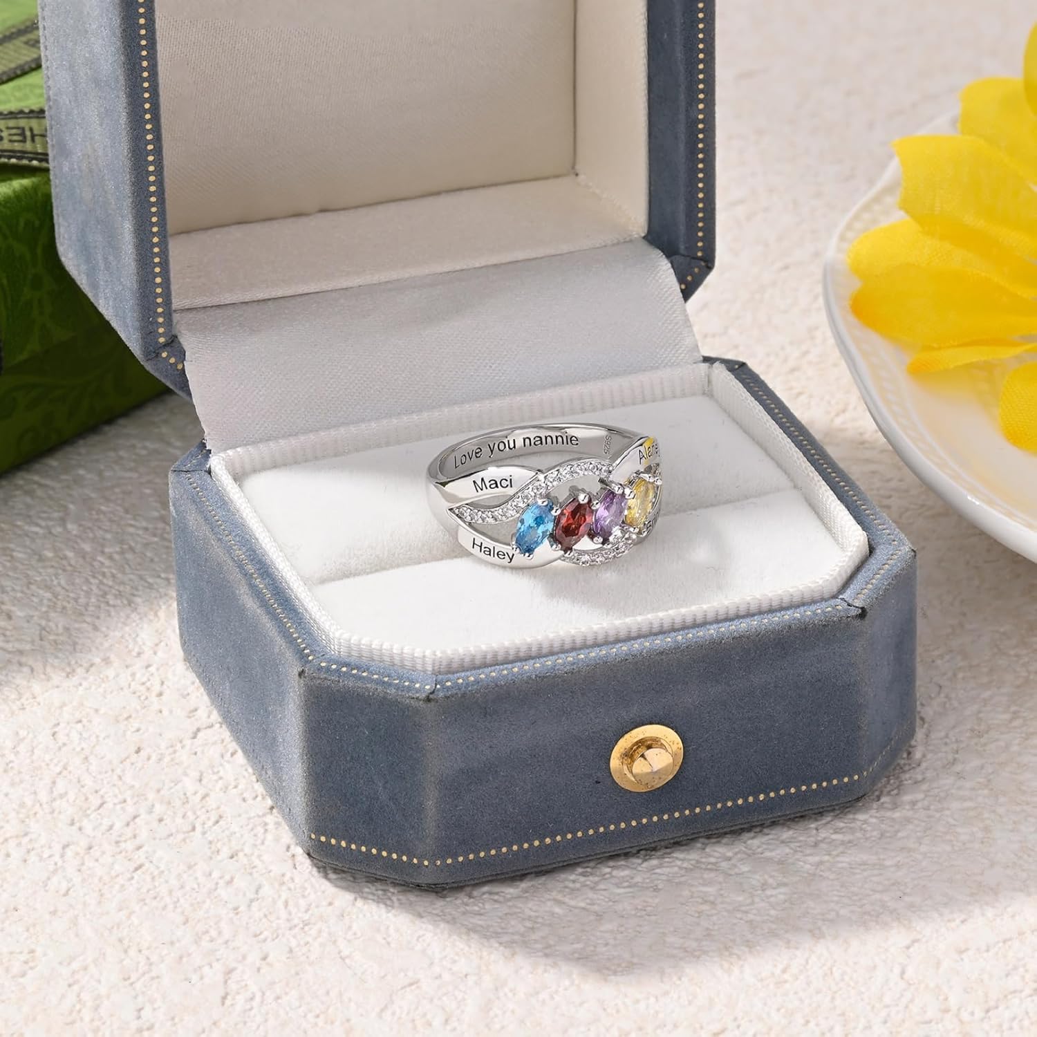 S925 Sterling Silver Mothers Rings with 4 Birthstones and Names Personalized Birthstones Ring for Mother Custom Engraved Family Rings for Women