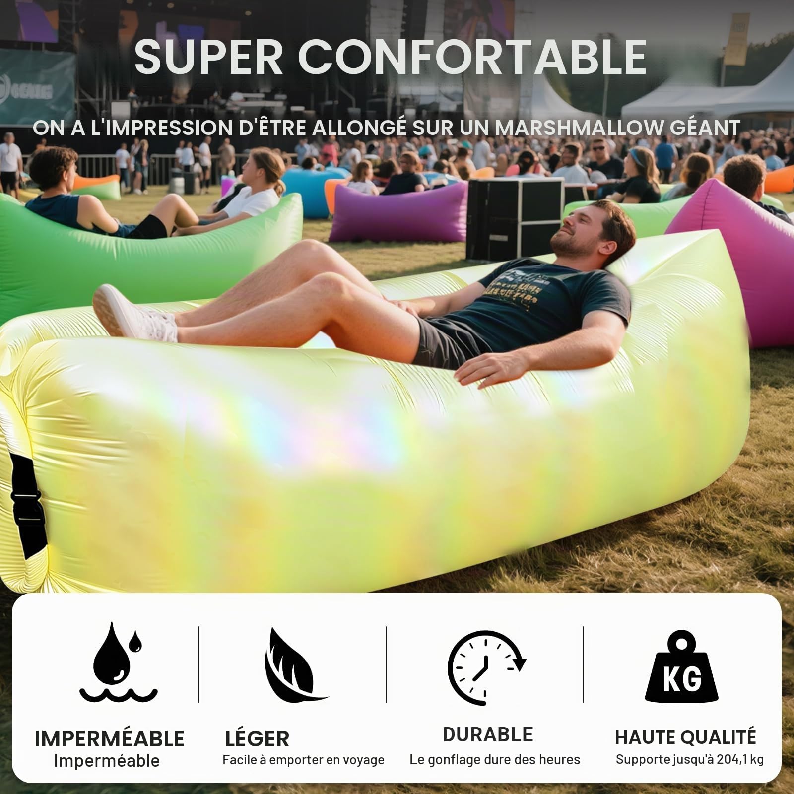 Hamac Gonflable, 185 * 70CM Transat, Canapé, Sofa, Chaise Longue Gonflable, avec Le Portable Package, pour Le Camping, la Mer, la Plage, Le Festival de Musique
