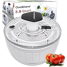 Ourokhome Salad Spinner Lettuce Dryer, One-handed Easy Press Large Vegetable Dryer Salad Mixer with Comfortable and Retractable Pusher and Brake Button for Greens, Herb, Berry, Fruits, 3.8 QT, Black