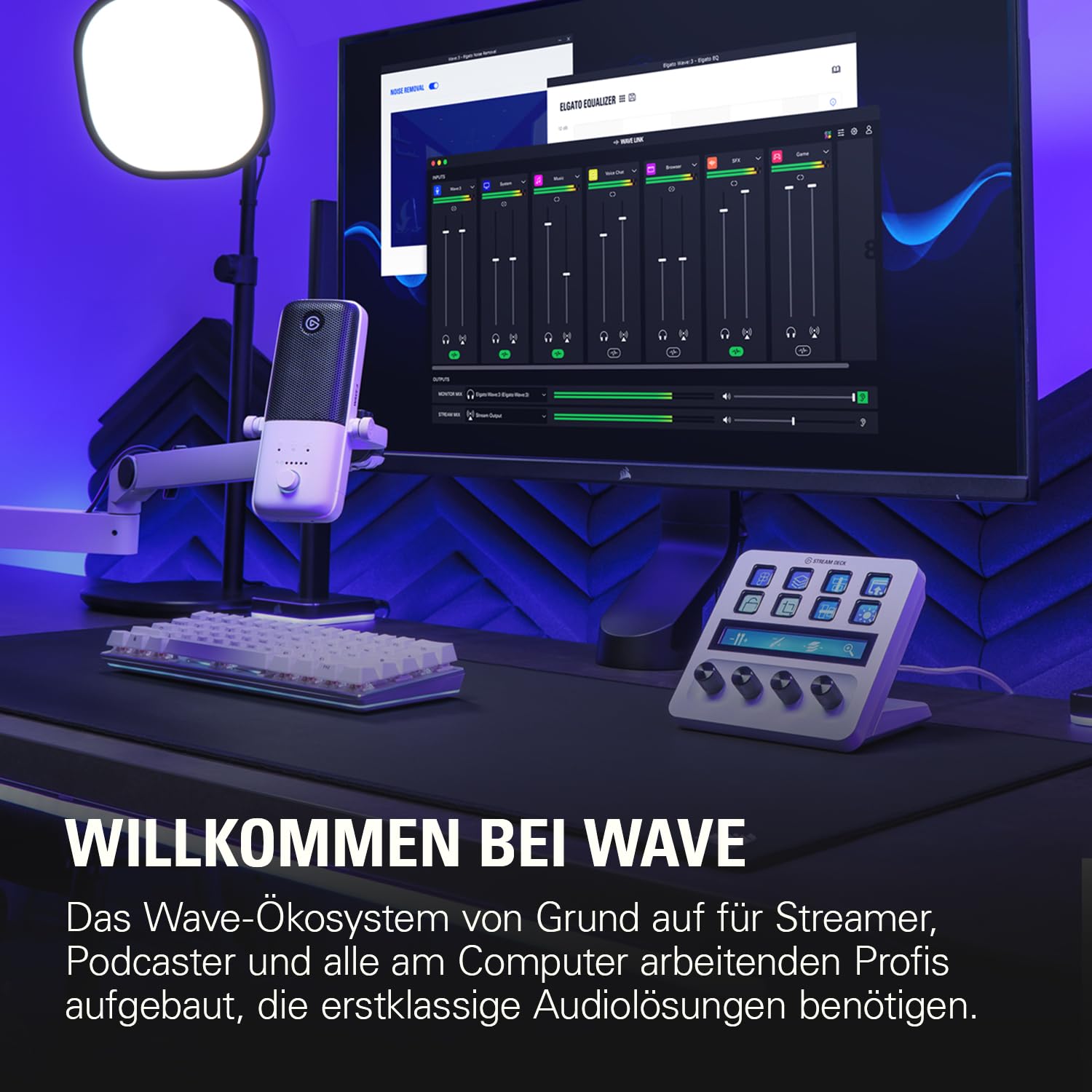 Elgato Wave:3 Mikrofon mit Mic Arm Low Profile, voll einstellbar mit Kabelkanal, ideal für Podcasts, Streaming, Gaming, Homeoffice, kostenlose Mixing-Software, Plug & Play für Mac, PC