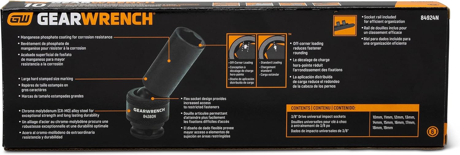 GEARWRENCH 10 Pc. 3/8 Inch Drive 6 Pt. Deep Universal Impact Socket Set, Metric - 84924N - - 