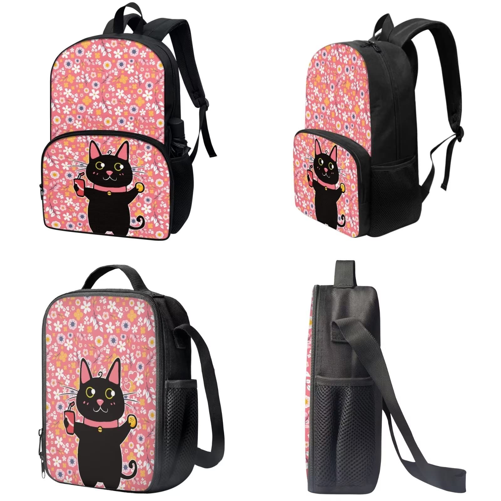 Poceacles Schultasche und Lunchbox-Set für Teenager, Jungen, Grundschule, Büchertasche, Federmäppchen für Grundschulkinder, Katzen Blumen, Einheitsgröße