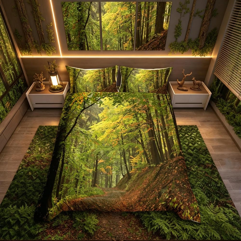 Homemissing Forest Bedding Set Autumn Forest Bedding & Linen Trees Foggy Duvet Cover Set Soft Microfiber Zipper Woodland Scene Quilt Cover Single Size