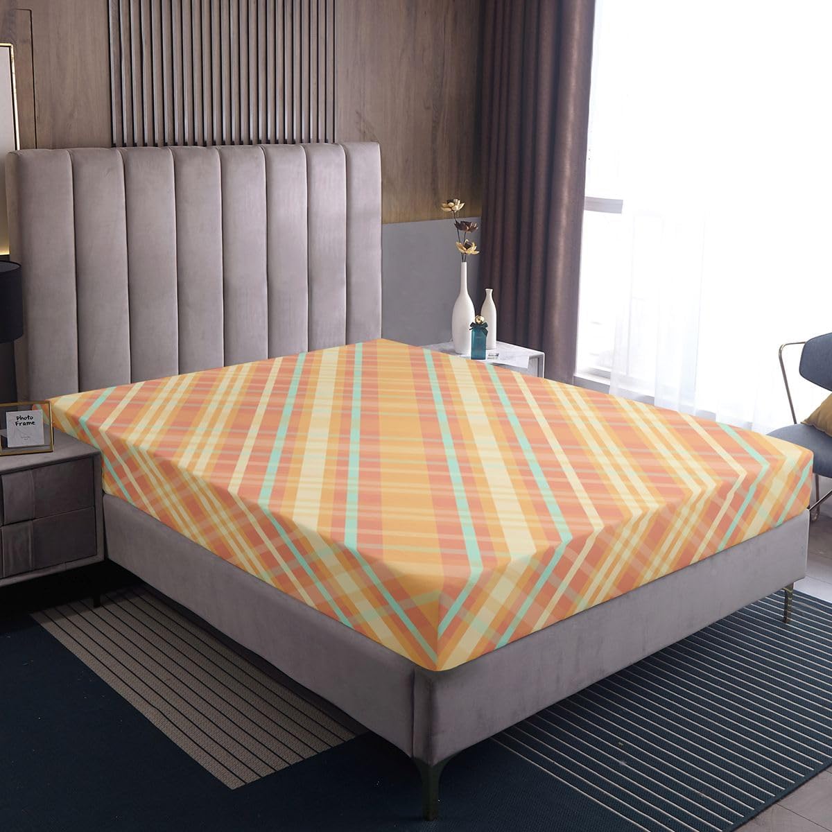Geometric Checkered Kids Twin Size Fitted Sheet,Argyle Stripe Grid Boys Girls Bed Sheets,Modern Classic Room Decor,Orange Bedding Set,1 Pillowcase(No Flat)