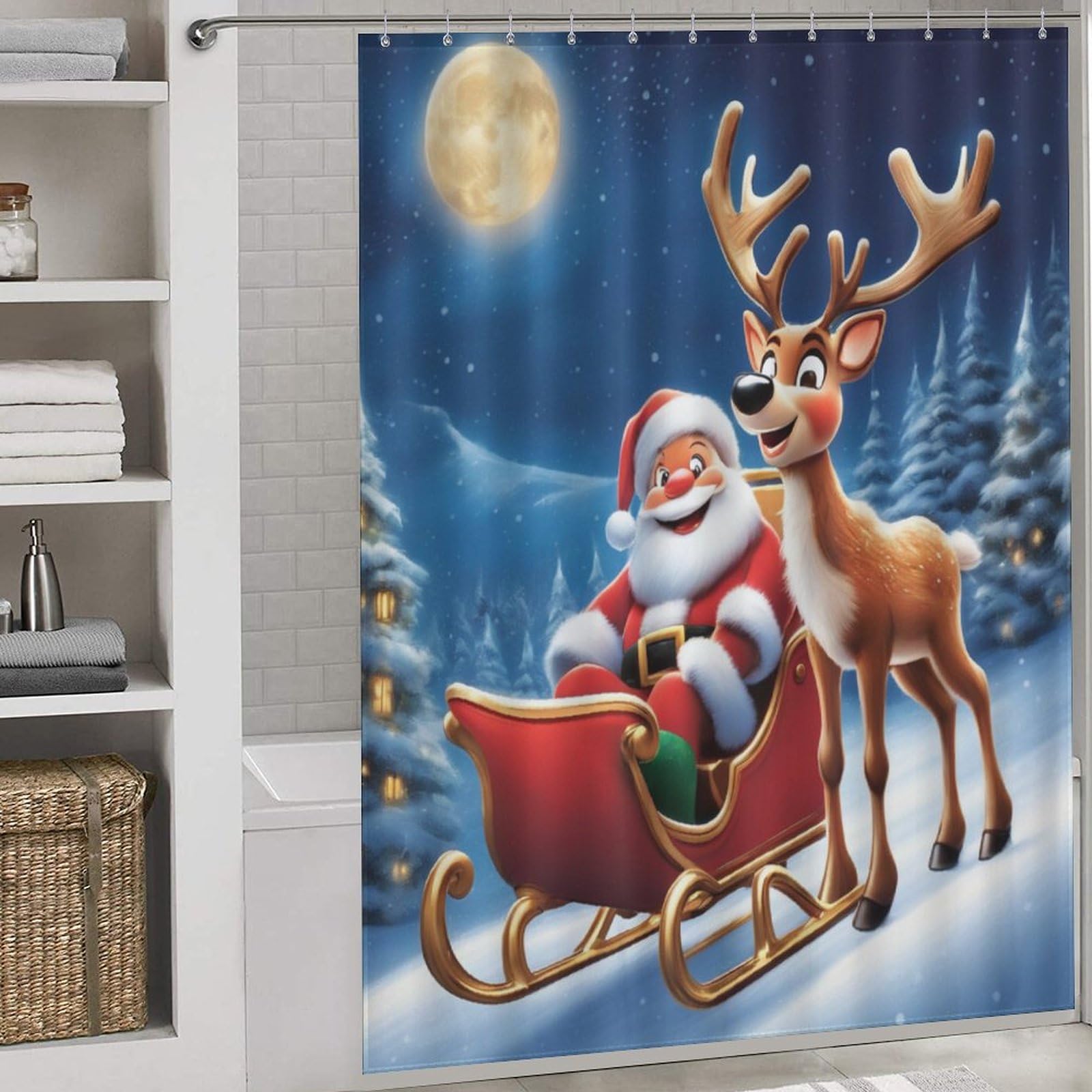 Rideau de douche Père Noël étanche pour stopper les éclaboussures sur le sol de la douche