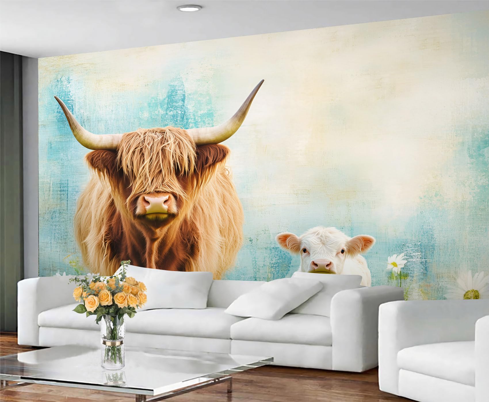 GIVLWF Wallpaper - Cow Print Home Decor & Mural, Spring Cow Bedroom Wallpaper, Wall Paper for Living Room, Large Wall Mural - Not Self-Adhesive, Farmhouse Animals