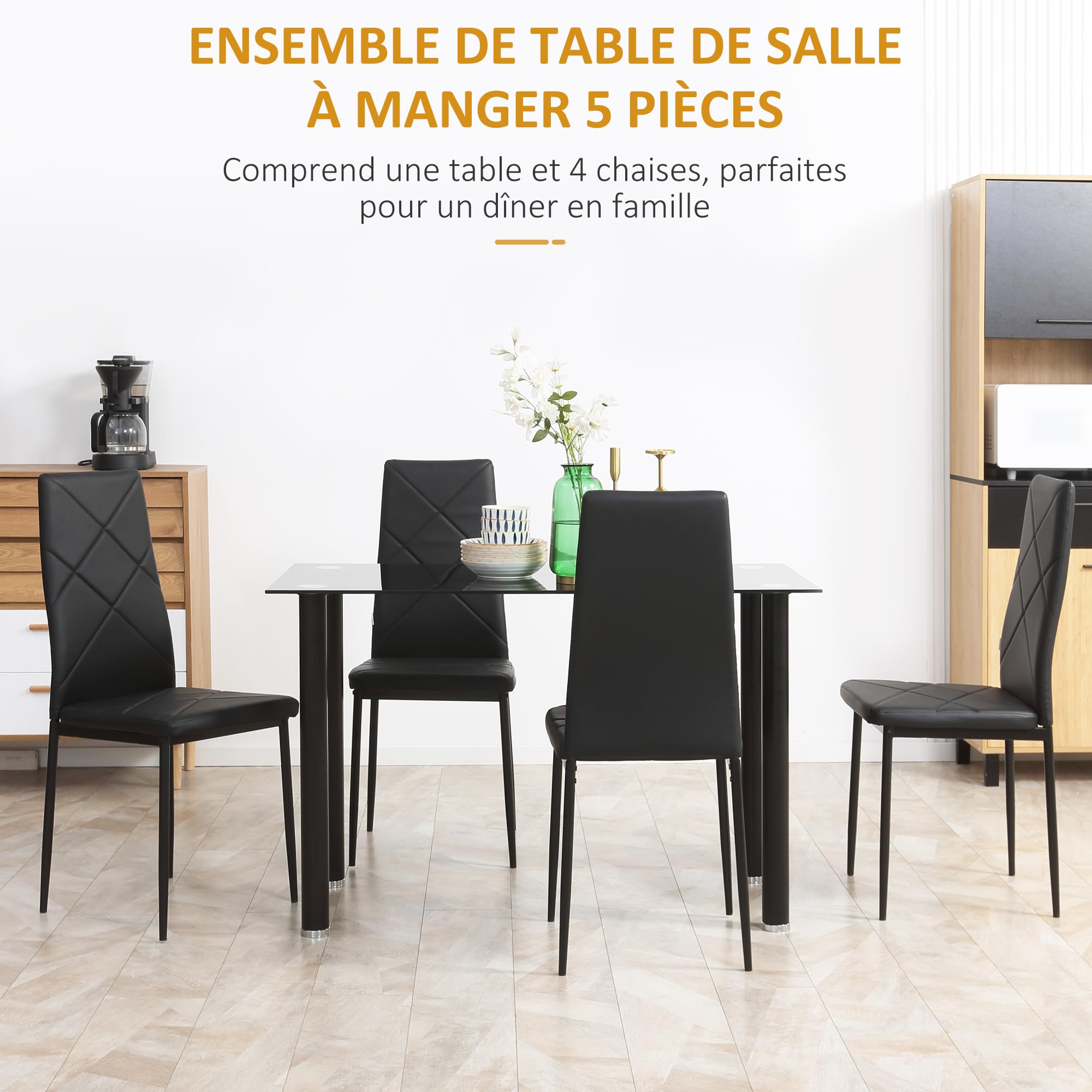 HOMCOM Ensemble de Table à Manger avec 4 Chaises, Meubles de Cuisine 5 Pièces, Plateau Verre Trempé, Pieds Acier, Noir